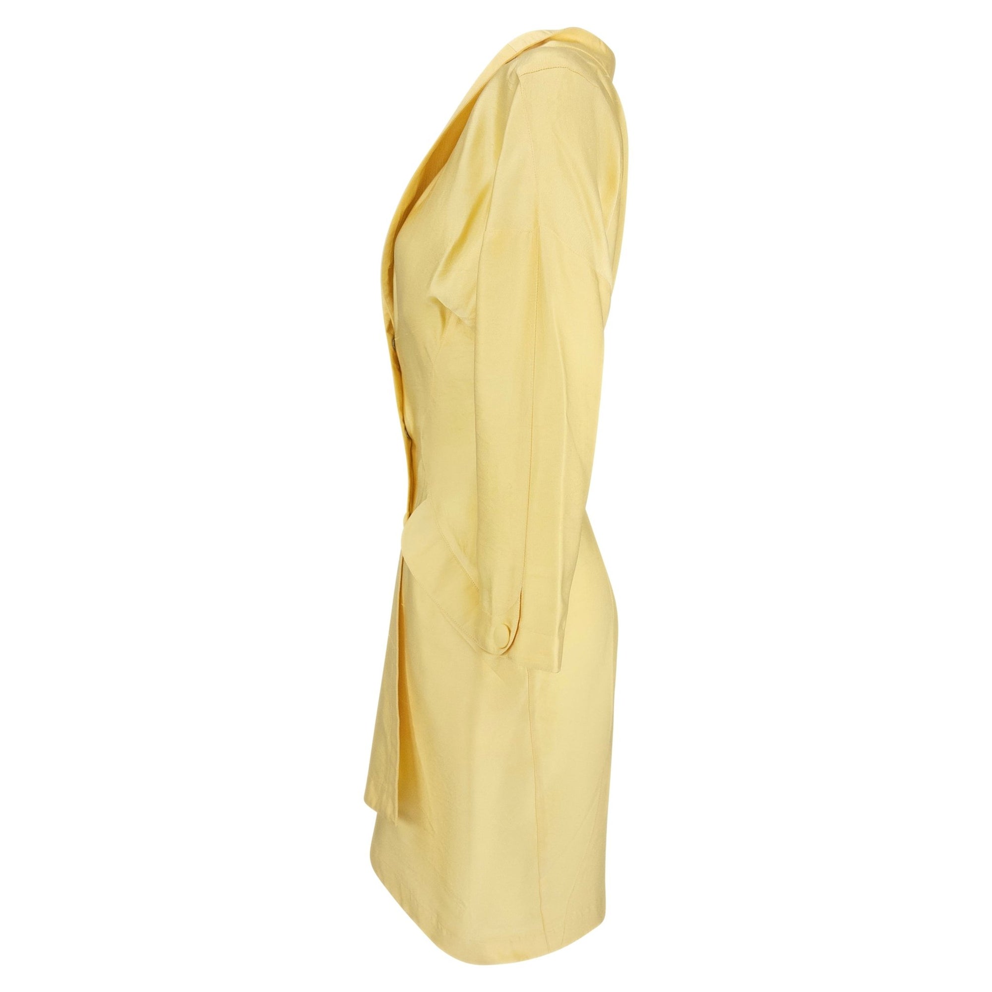 S/S 1988 Thierry Mugler Runway Pastel Yellow Silk Satin Asymmetric Coat Dress - RealList