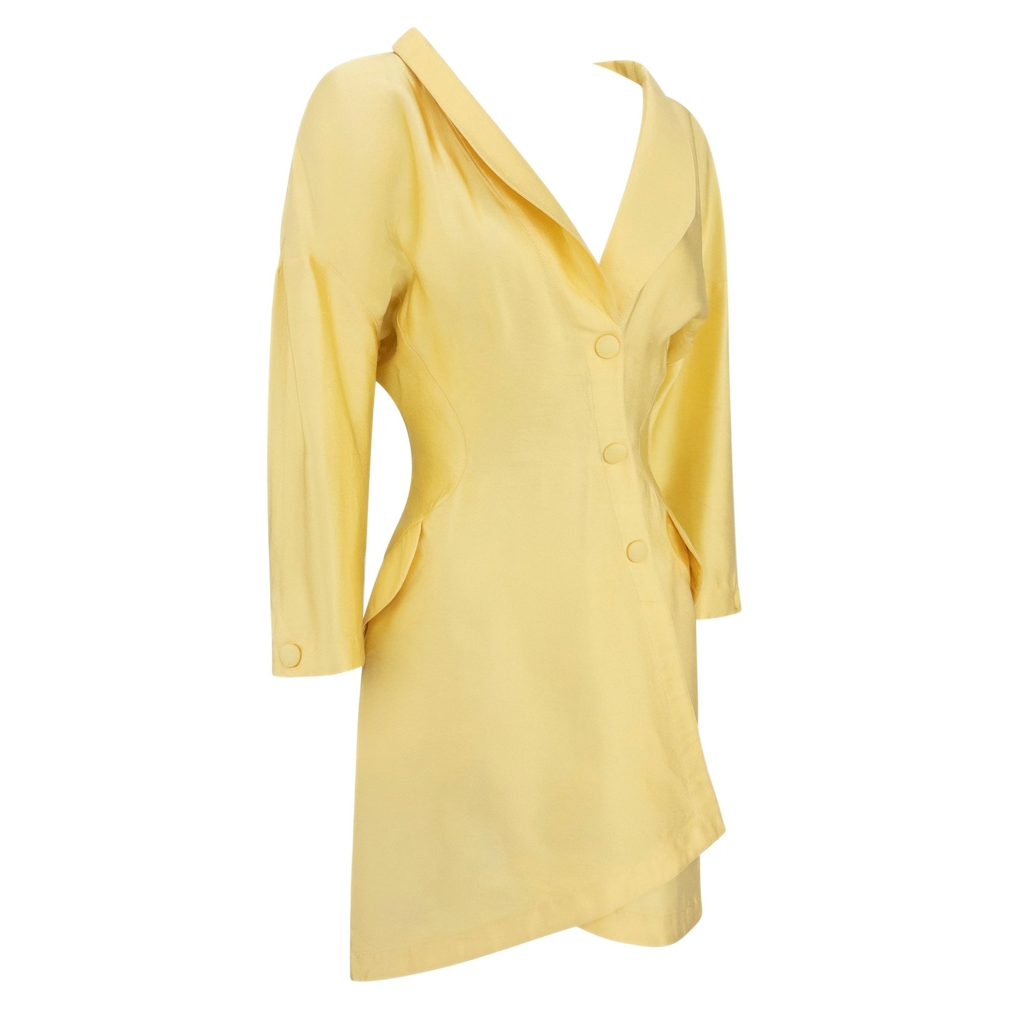 S/S 1988 Thierry Mugler Runway Pastel Yellow Silk Satin Asymmetric Coat Dress - RealList