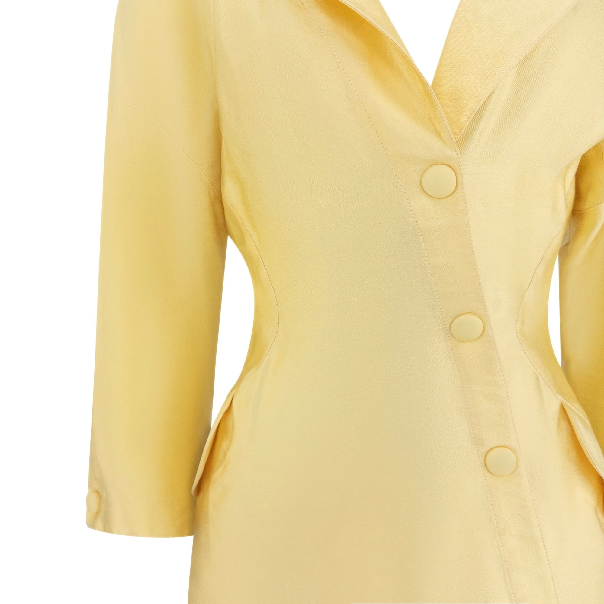 S/S 1988 Thierry Mugler Runway Pastel Yellow Silk Satin Asymmetric Coat Dress - RealList