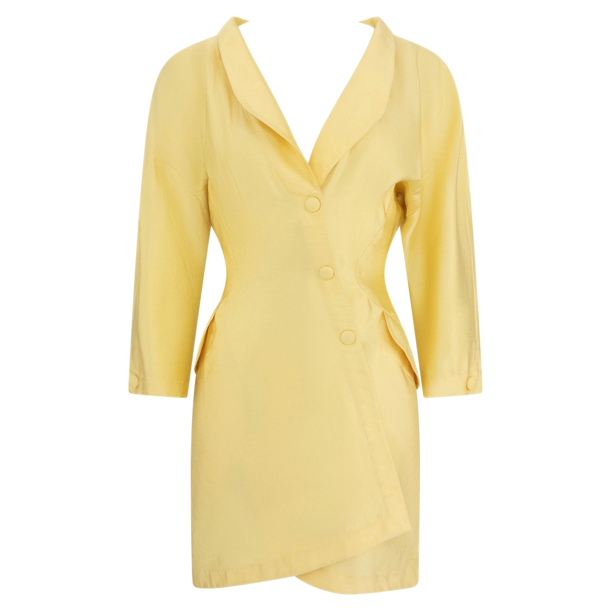 S/S 1988 Thierry Mugler Runway Pastel Yellow Silk Satin Asymmetric Coat Dress - RealList