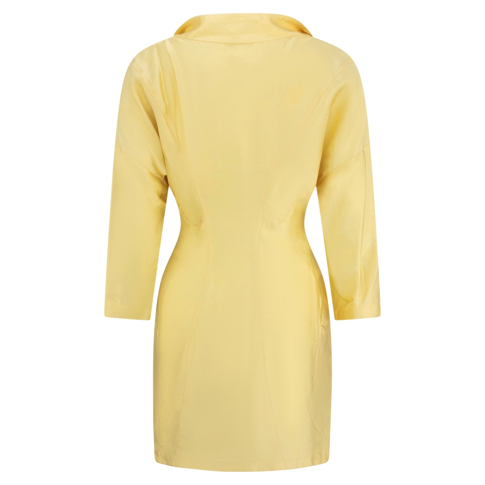 S/S 1988 Thierry Mugler Runway Pastel Yellow Silk Satin Asymmetric Coat Dress - RealList