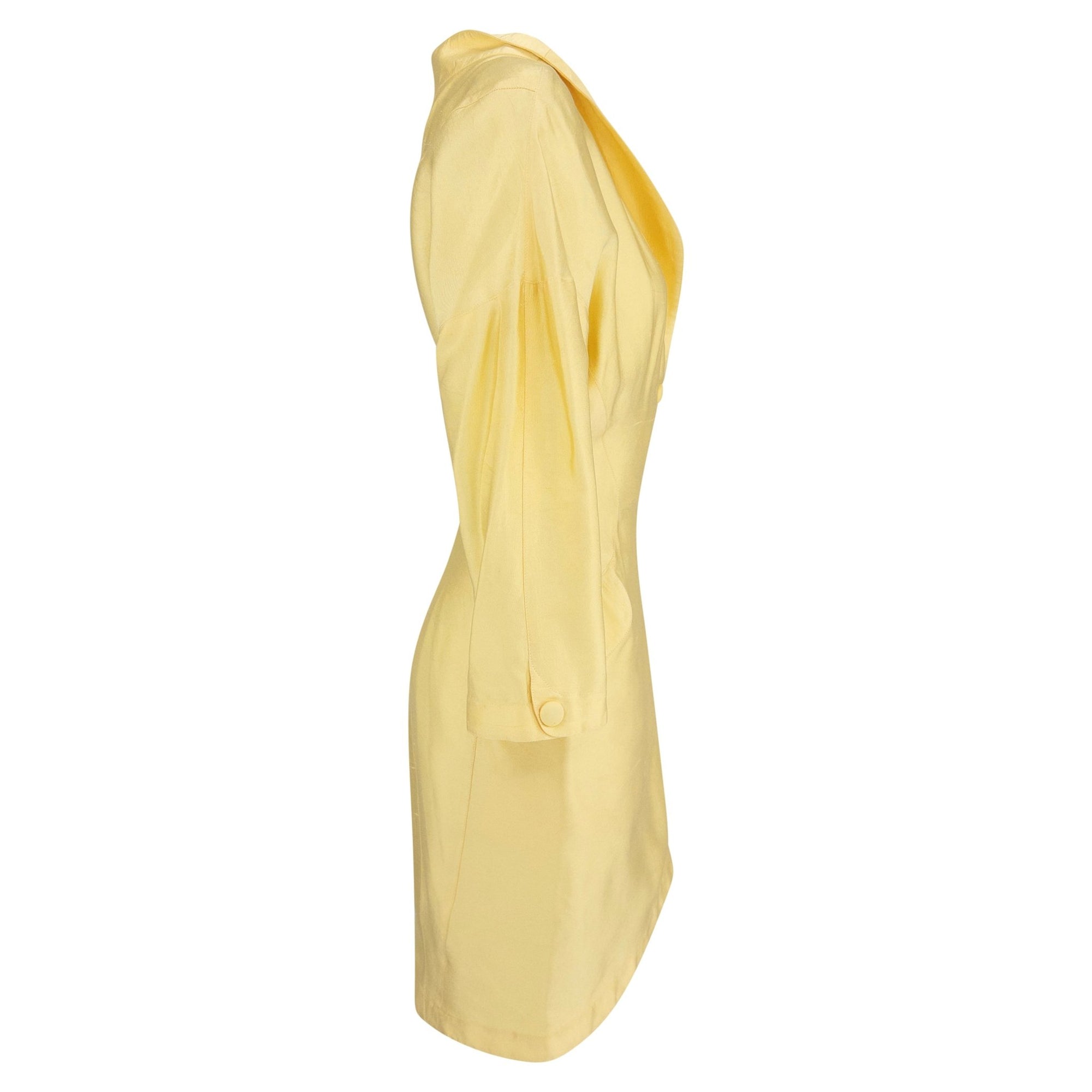 S/S 1988 Thierry Mugler Runway Pastel Yellow Silk Satin Asymmetric Coat Dress - RealList