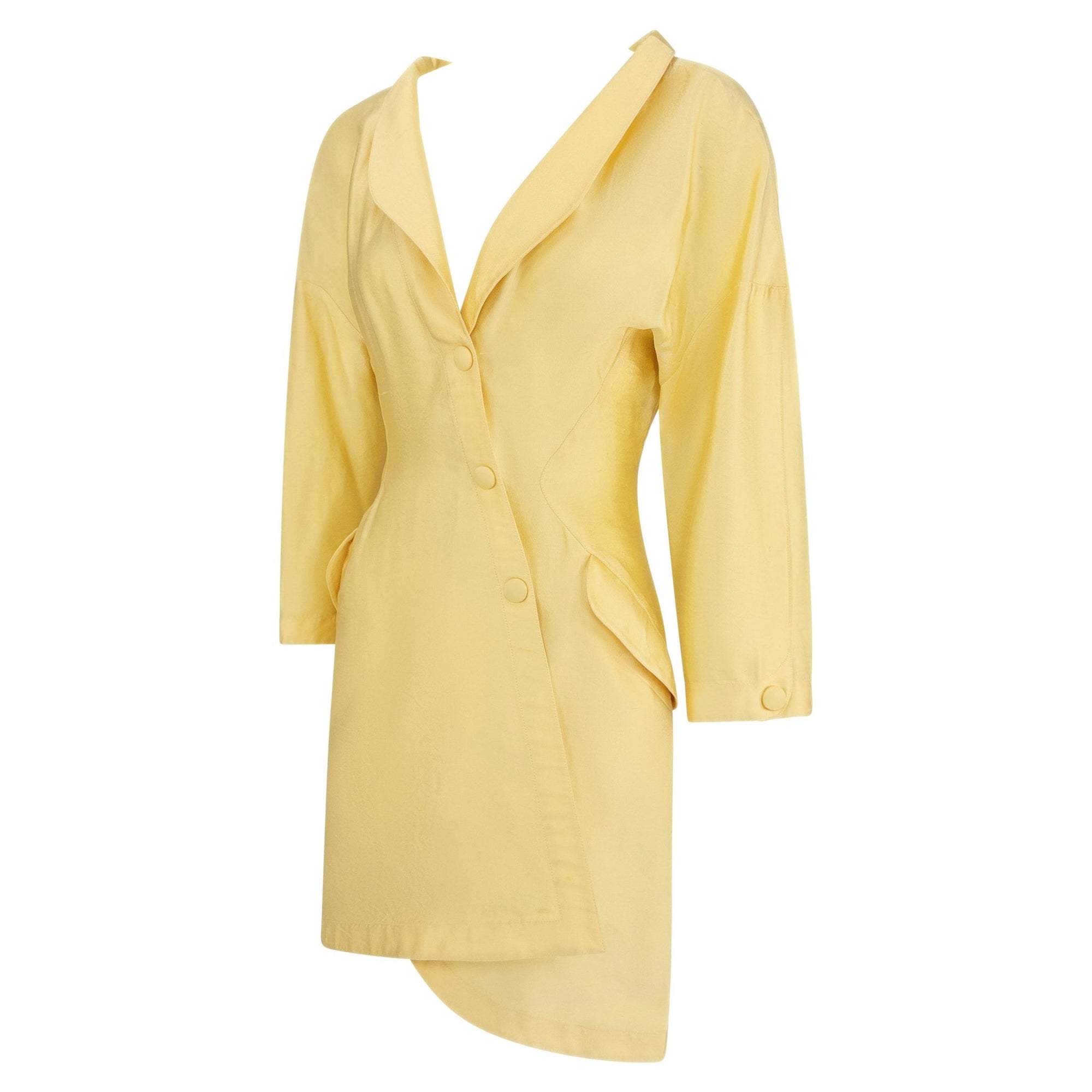 S/S 1988 Thierry Mugler Runway Pastel Yellow Silk Satin Asymmetric Coat Dress - RealList