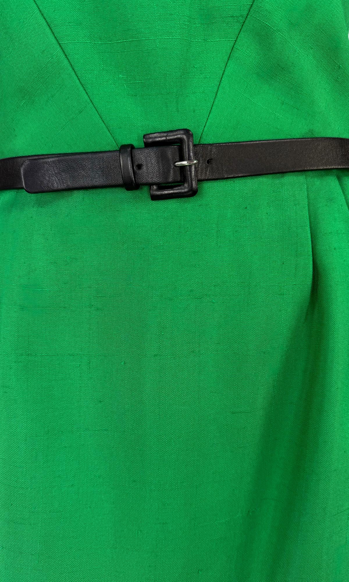 S/S 1989 Guy Laroche Haute Couture Belted Green Silk Strapless Flare Dress - RealList