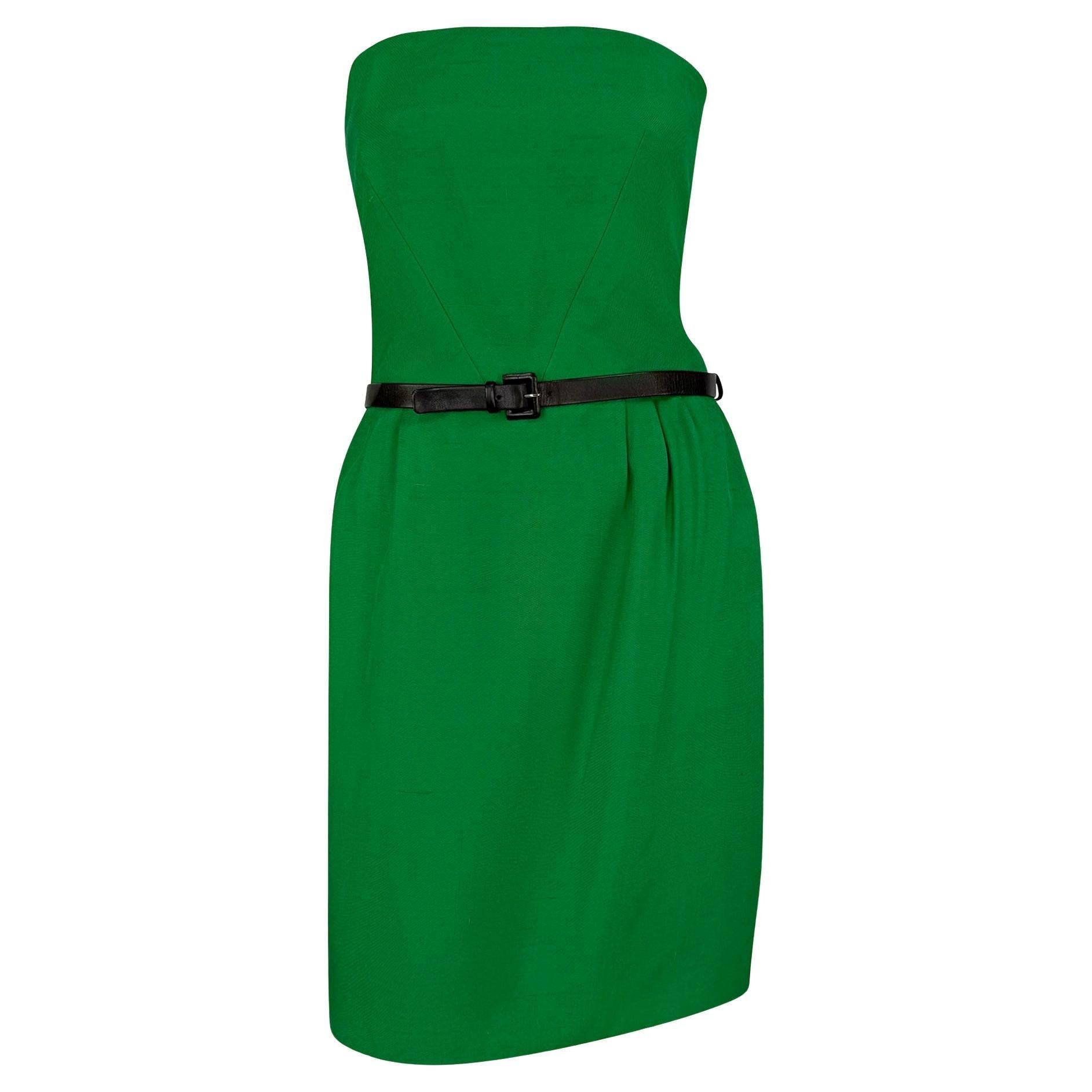 S/S 1989 Guy Laroche Haute Couture Belted Green Silk Strapless Flare Dress - RealList
