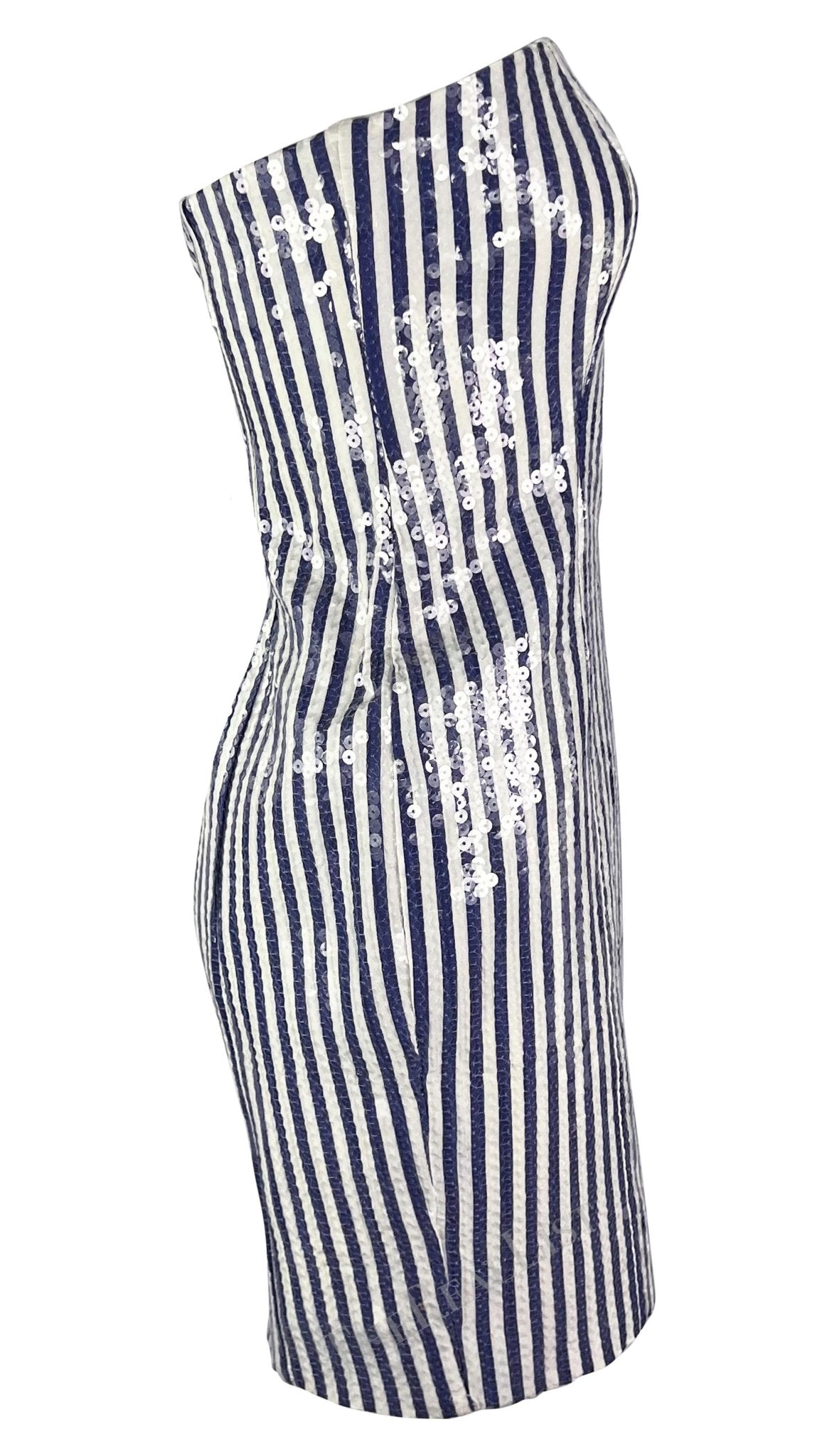 S/S 1990 Michael Kors Runway Blue White Sequin Striped Strapless Mini Dress - RealList