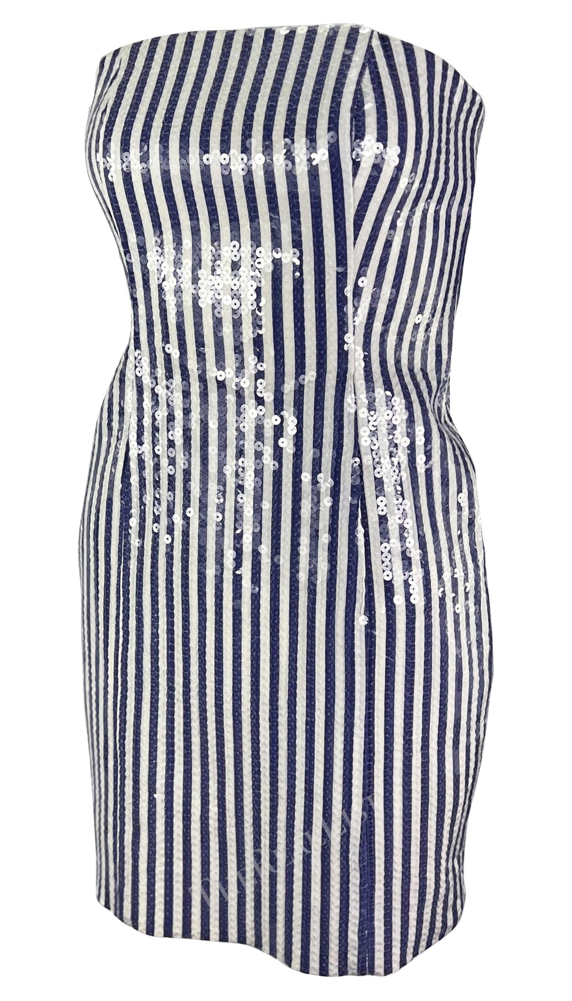 S/S 1990 Michael Kors Runway Blue White Sequin Striped Strapless Mini Dress - RealList