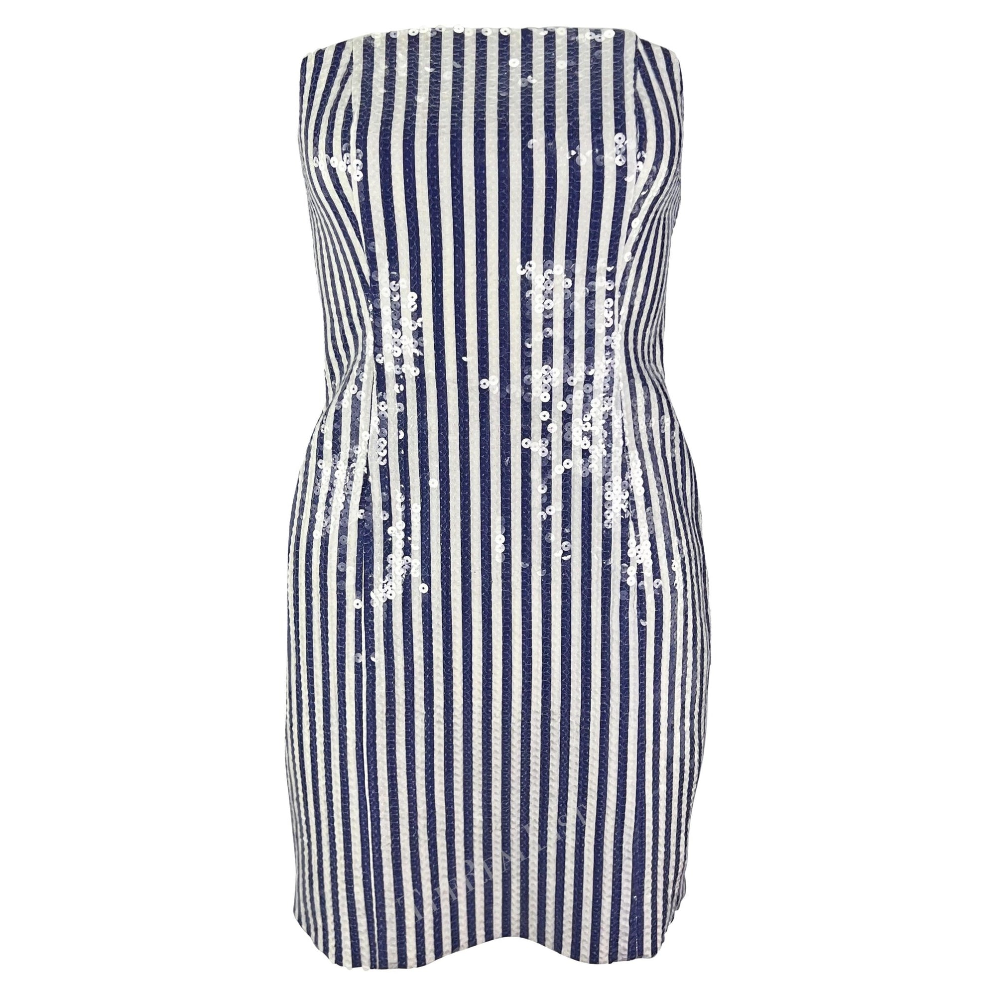 S/S 1990 Michael Kors Runway Blue White Sequin Striped Strapless Mini Dress - RealList