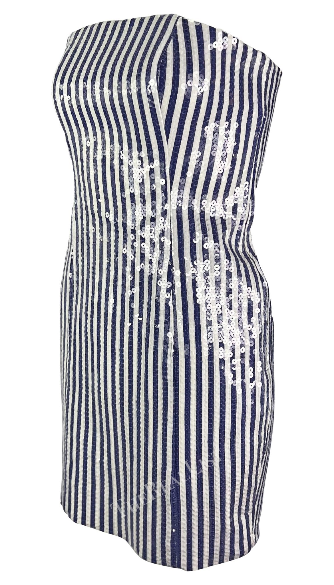 S/S 1990 Michael Kors Runway Blue White Sequin Striped Strapless Mini Dress - RealList