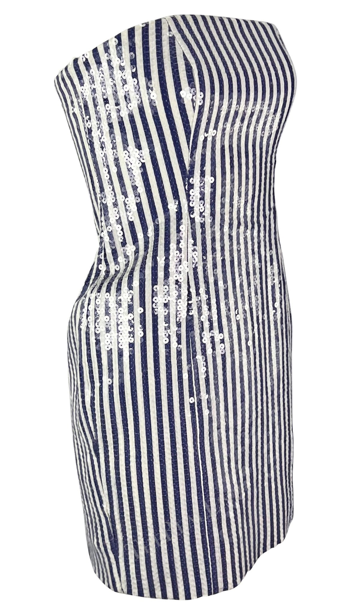 S/S 1990 Michael Kors Runway Blue White Sequin Striped Strapless Mini Dress - RealList