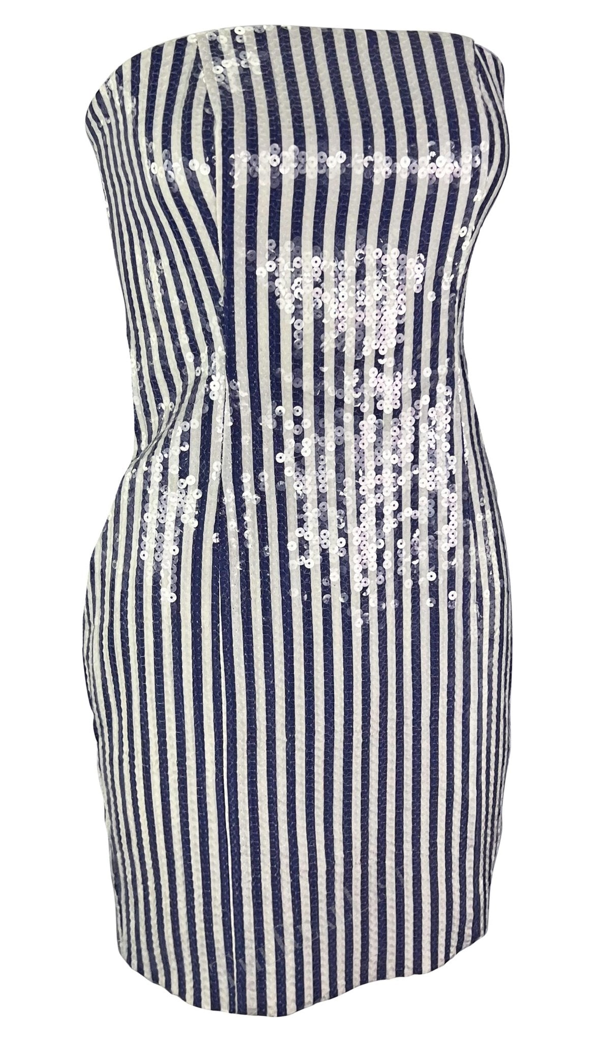 S/S 1990 Michael Kors Runway Blue White Sequin Striped Strapless Mini Dress - RealList