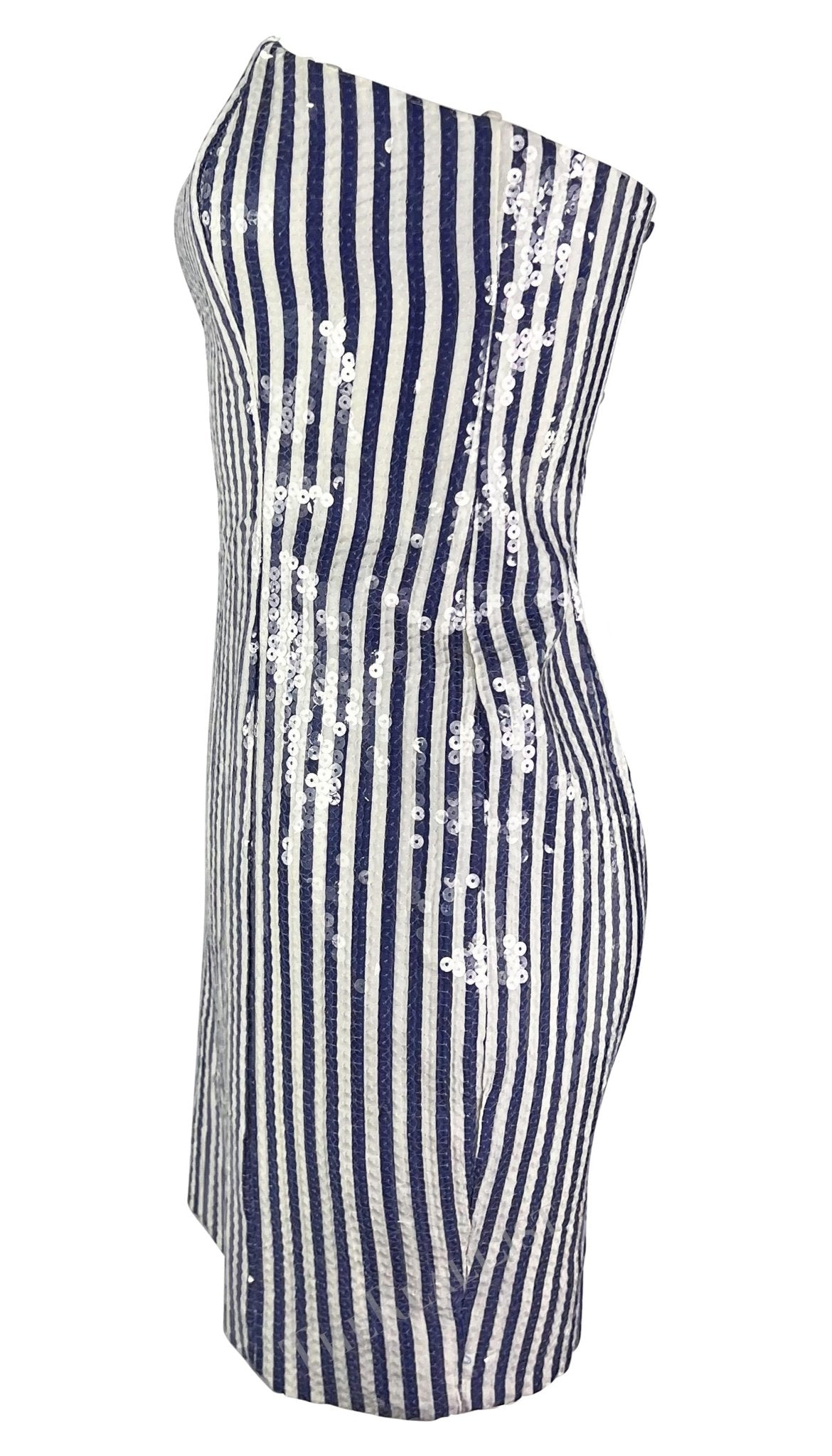 S/S 1990 Michael Kors Runway Blue White Sequin Striped Strapless Mini Dress - RealList