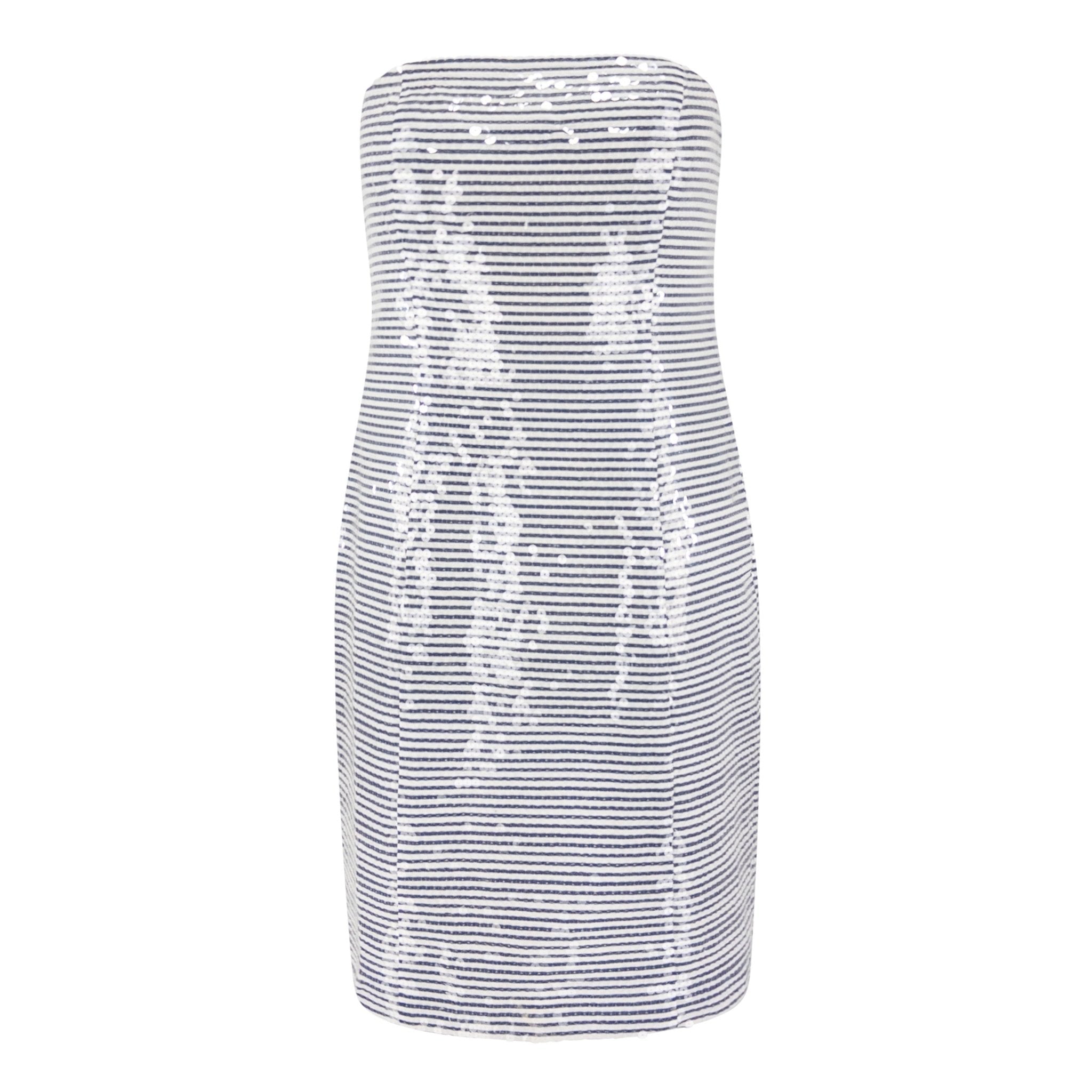 S/S 1990 Michael Kors Runway White and Blue Stripe Sequined Mini Dress - RealList