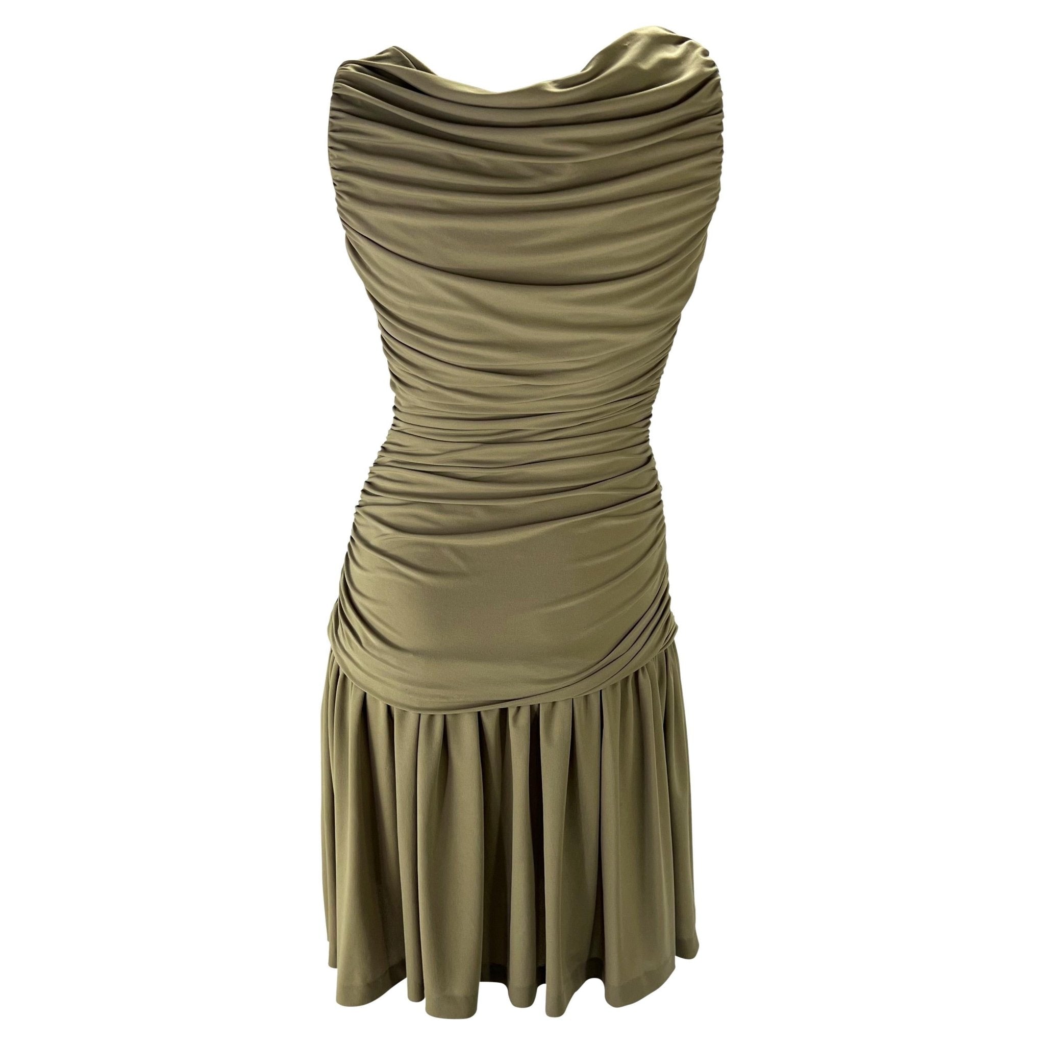 S/S 1990 Norma Kamali Runway Green Ruched Stretch Flare Mini Dress - RealList