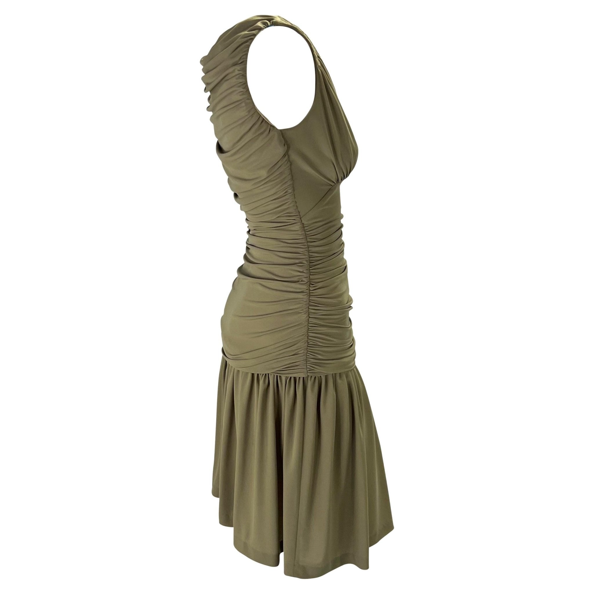 S/S 1990 Norma Kamali Runway Green Ruched Stretch Flare Mini Dress - RealList
