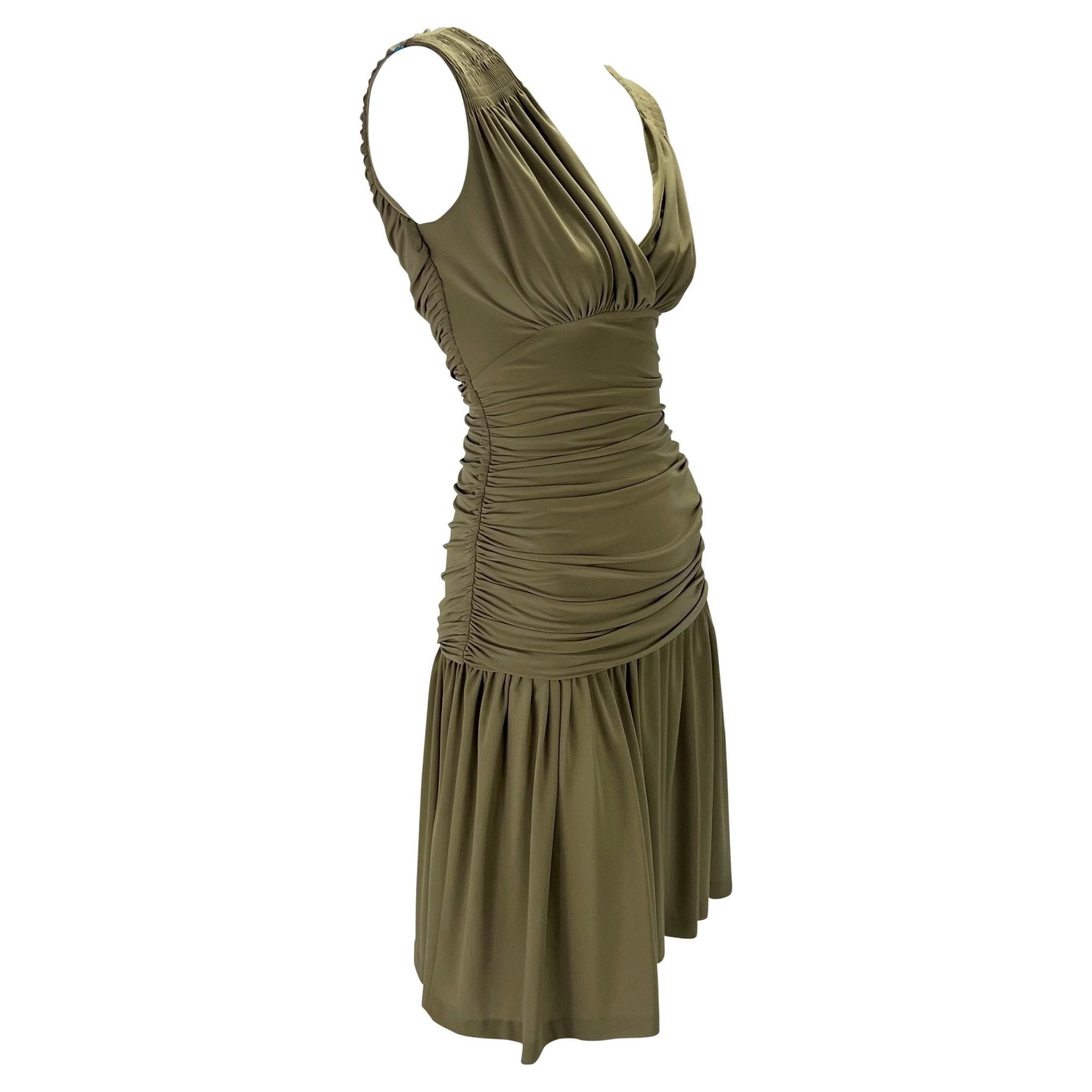 S/S 1990 Norma Kamali Runway Green Ruched Stretch Flare Mini Dress - RealList