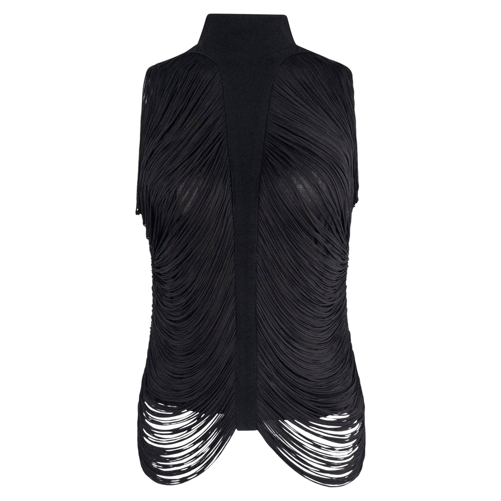 S/S 1990 Thierry Mugler Black Draped Fringe Sleeveless Top - RealList