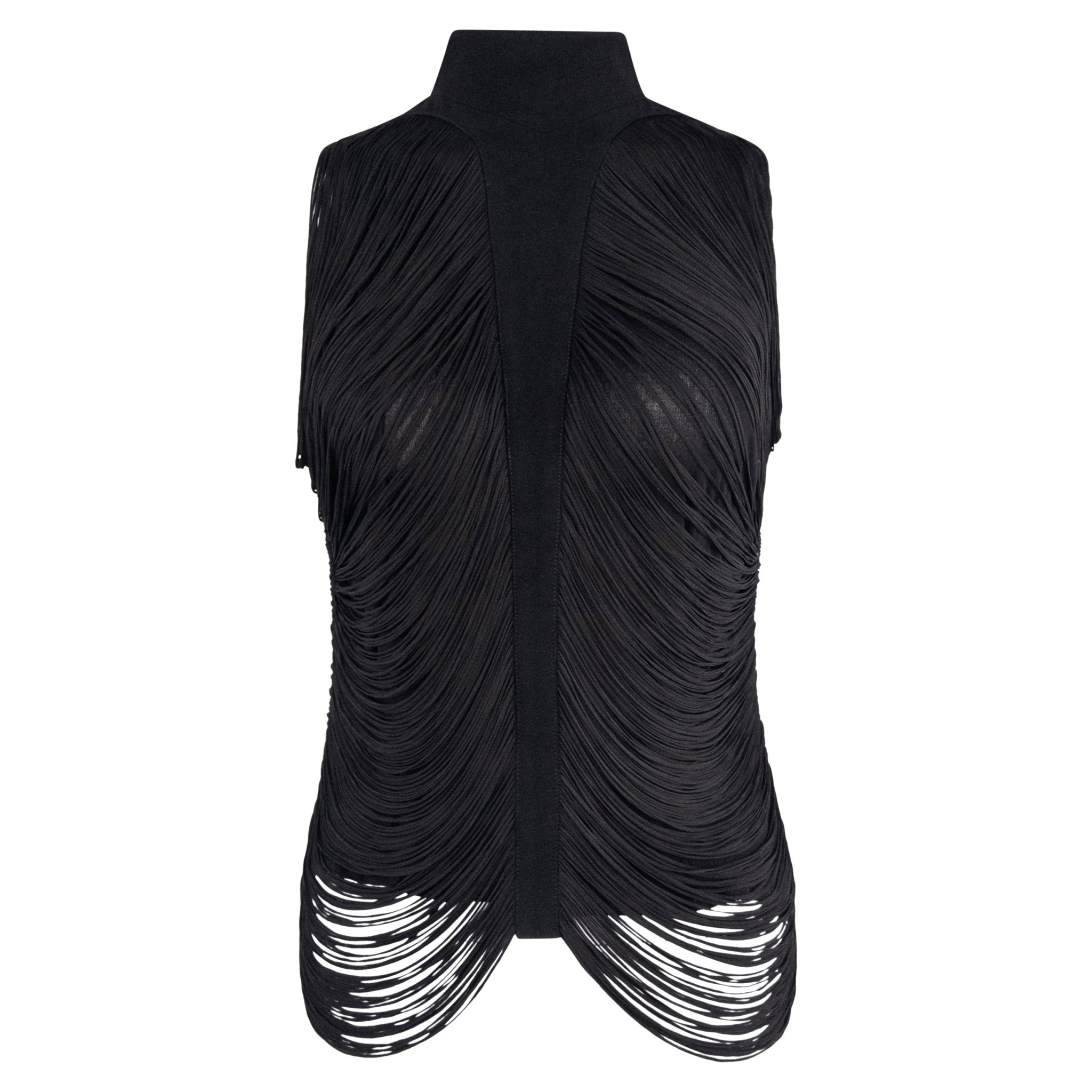 S/S 1990 Thierry Mugler Black Draped Fringe Sleeveless Top - RealList