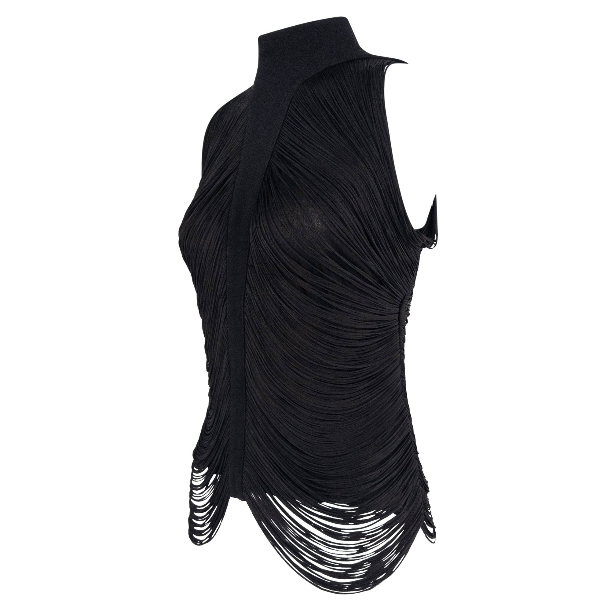 S/S 1990 Thierry Mugler Black Draped Fringe Sleeveless Top - RealList