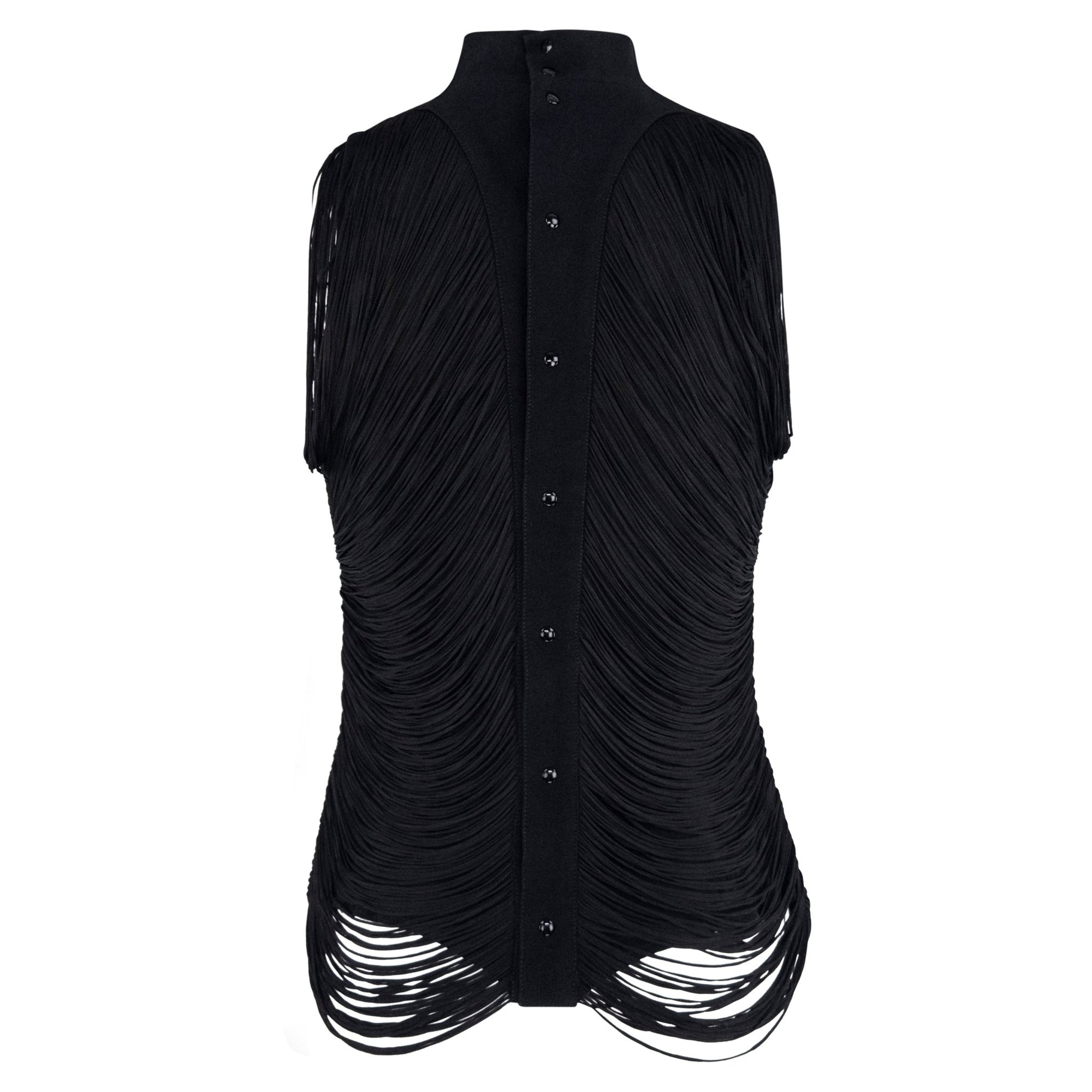 S/S 1990 Thierry Mugler Black Draped Fringe Sleeveless Top - RealList