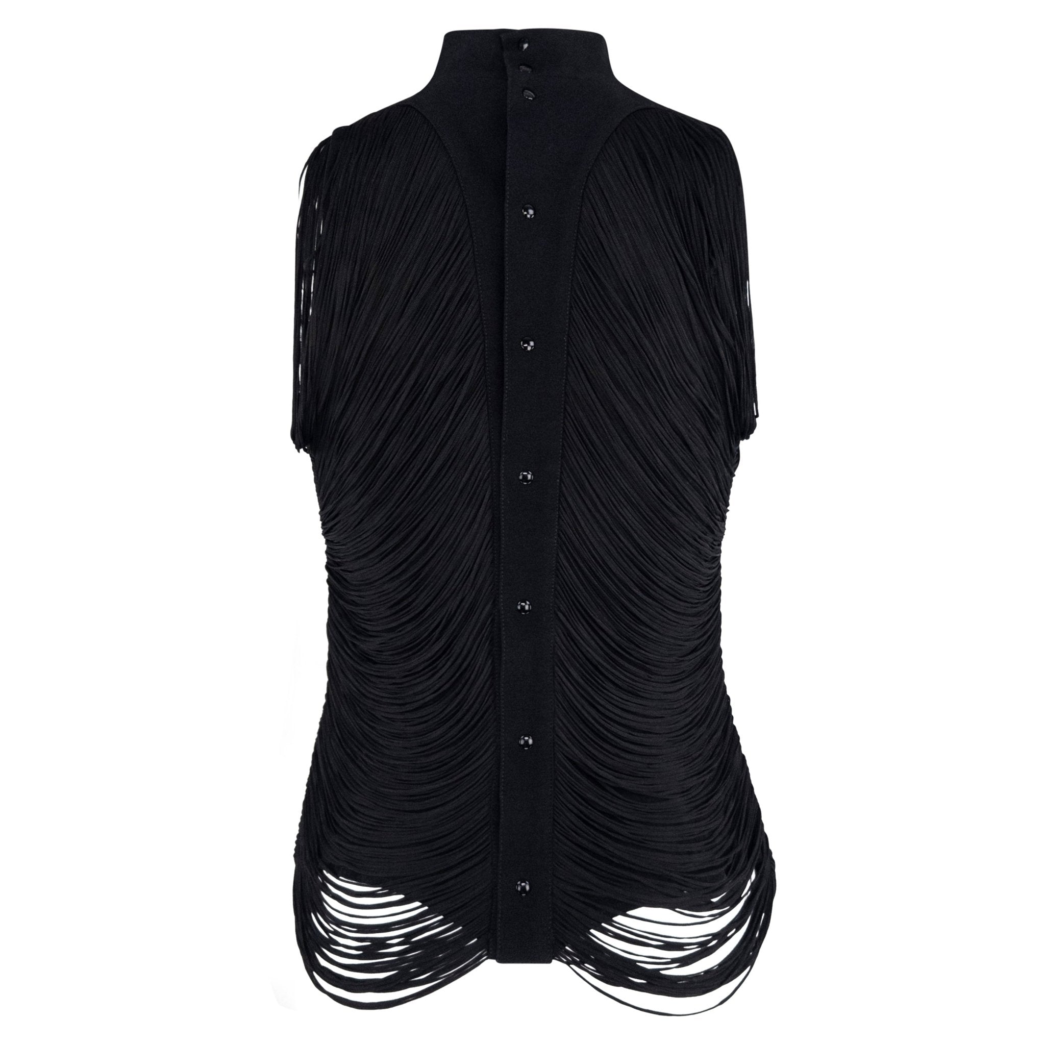 S/S 1990 Thierry Mugler Black Draped Fringe Sleeveless Top - RealList