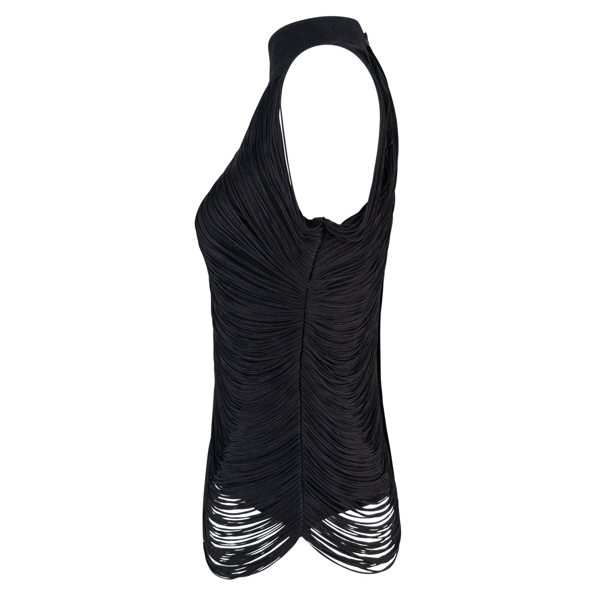 S/S 1990 Thierry Mugler Black Draped Fringe Sleeveless Top - RealList
