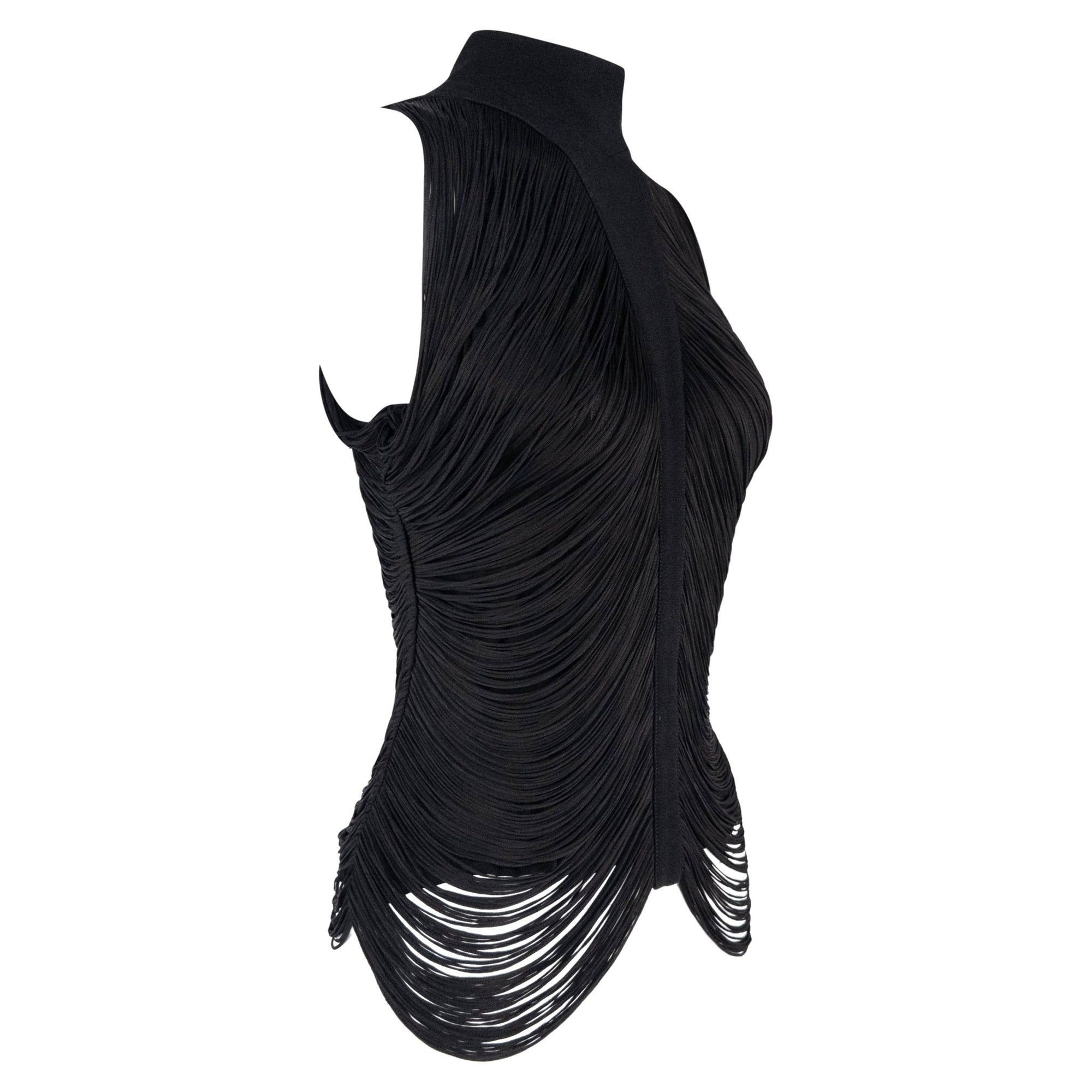 S/S 1990 Thierry Mugler Black Draped Fringe Sleeveless Top - RealList