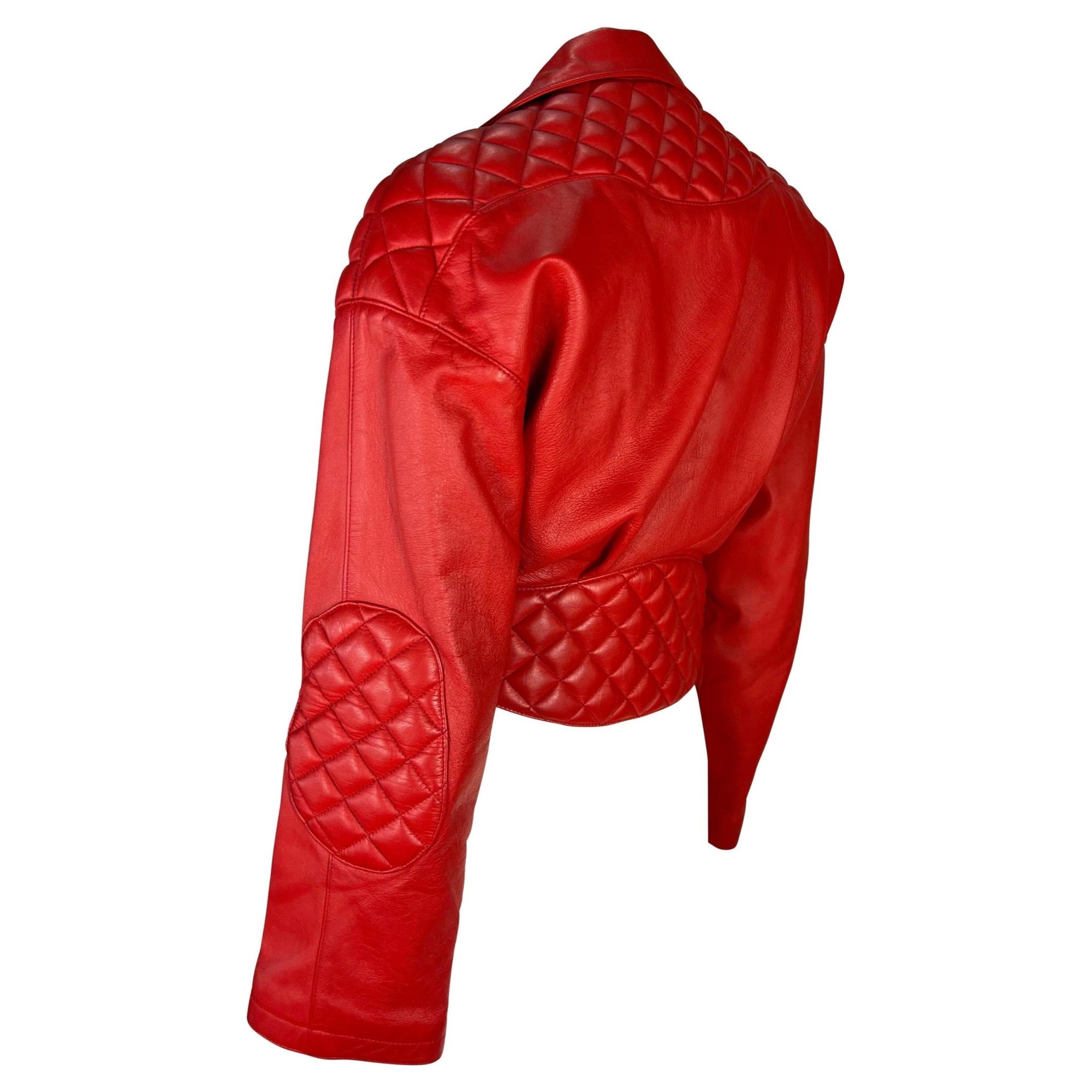 S/S 1990 Thierry Mugler Runway Quilted Red Quilted Leather Cropped Bolero Jacket - RealList