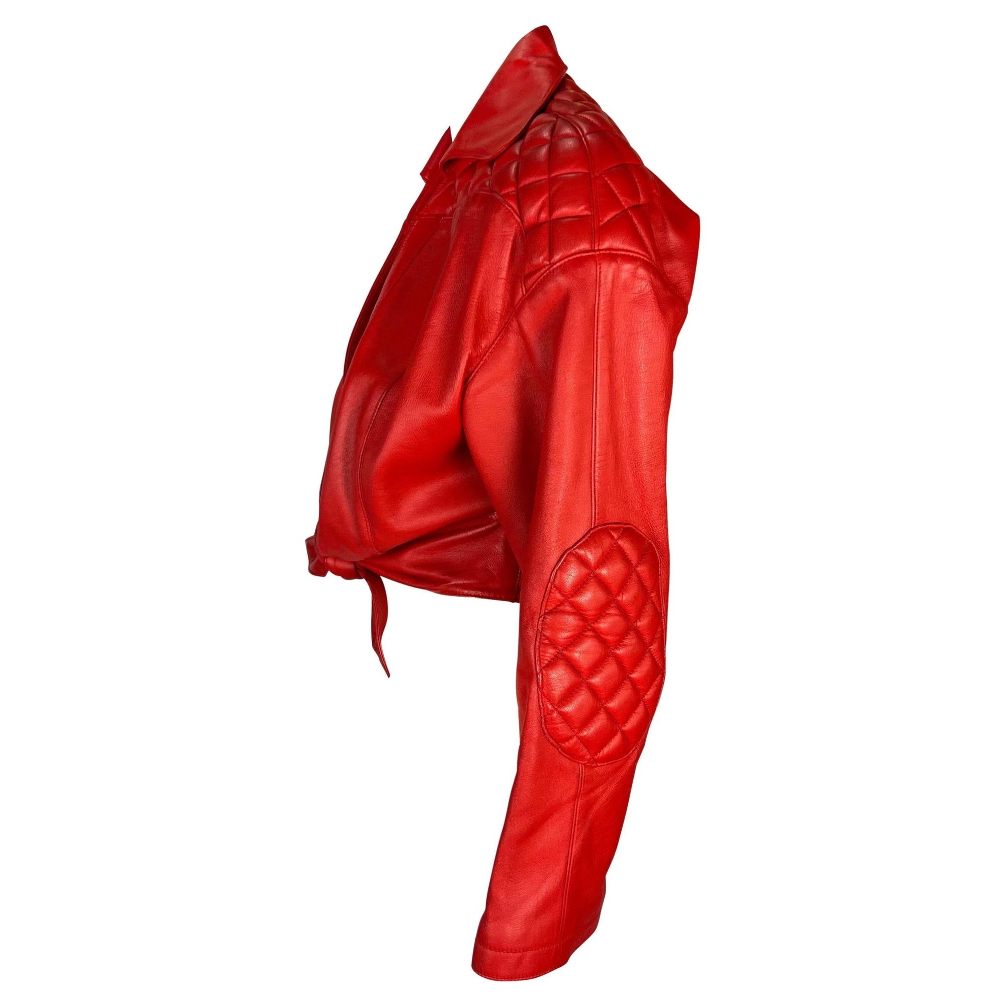 S/S 1990 Thierry Mugler Runway Quilted Red Quilted Leather Cropped Bolero Jacket - RealList