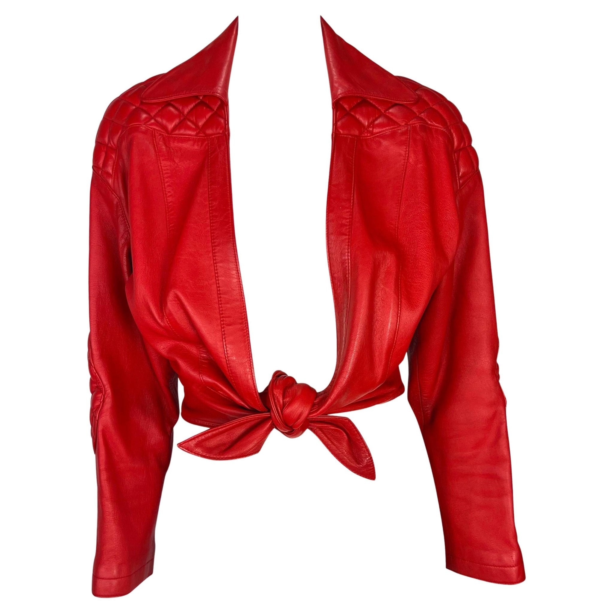 S/S 1990 Thierry Mugler Runway Quilted Red Quilted Leather Cropped Bolero Jacket - RealList