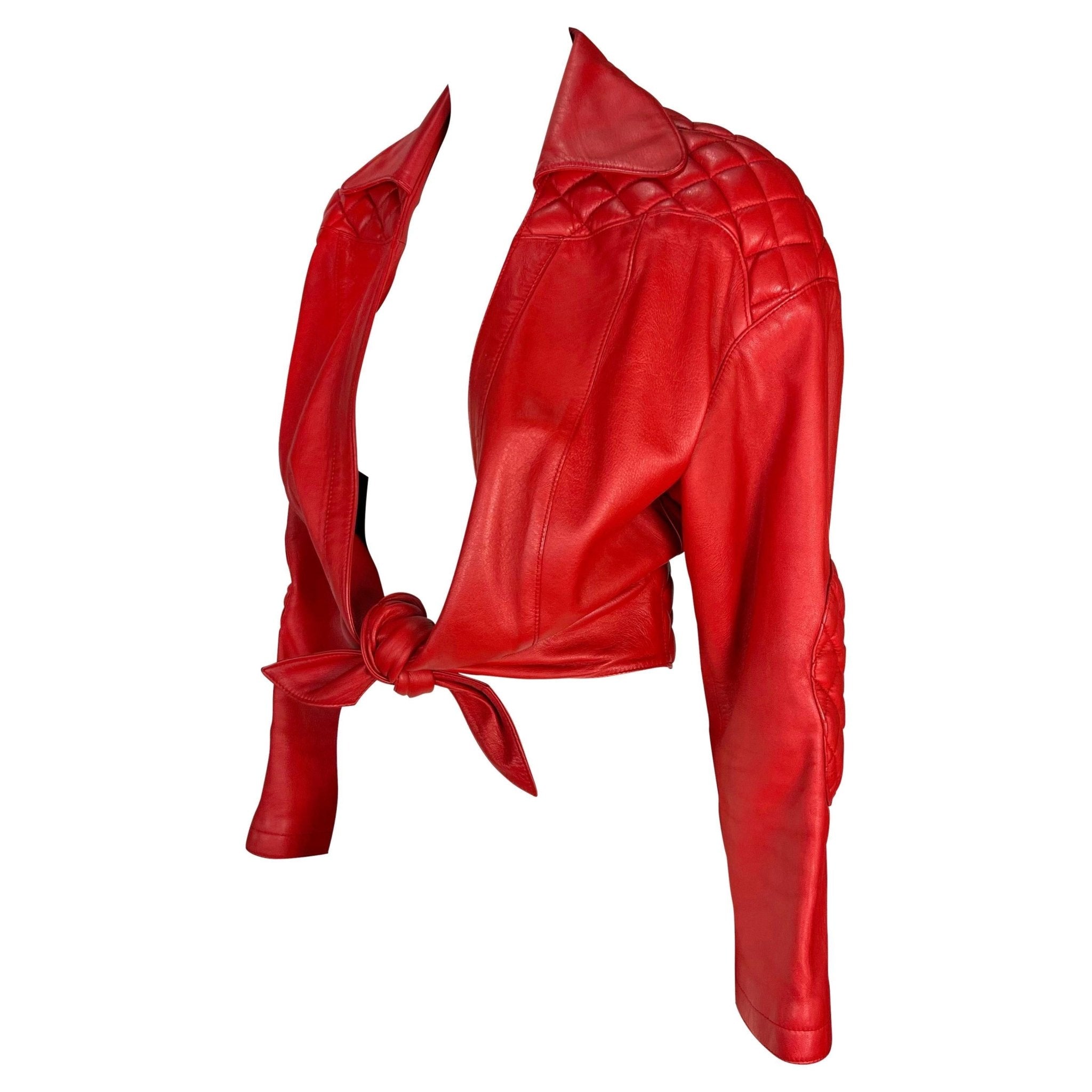 S/S 1990 Thierry Mugler Runway Quilted Red Quilted Leather Cropped Bolero Jacket - RealList