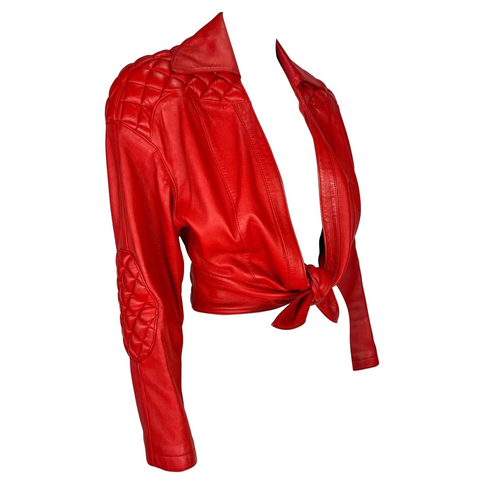 S/S 1990 Thierry Mugler Runway Quilted Red Quilted Leather Cropped Bolero Jacket - RealList