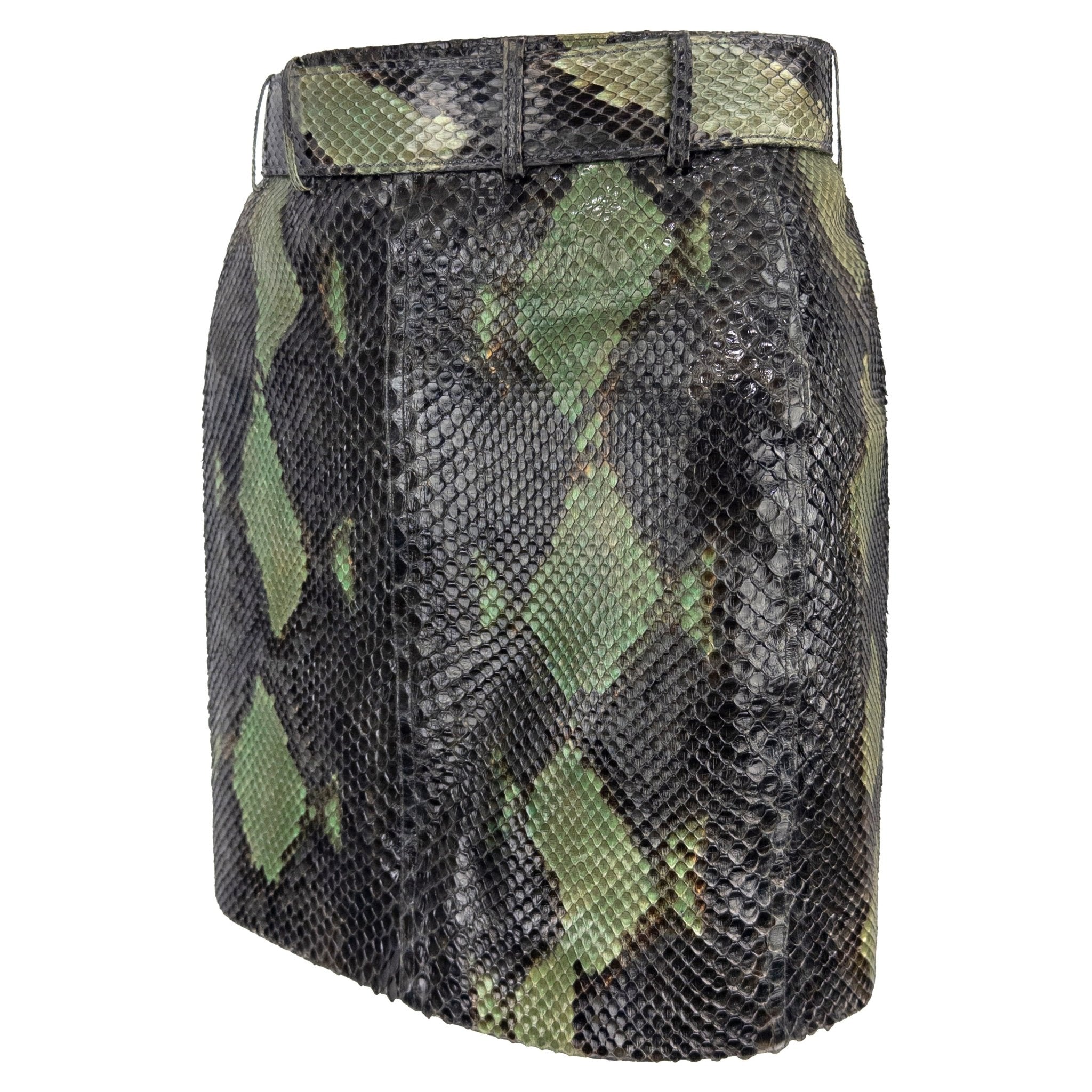 S/S 1991 Azzedine Alaïa Runway Genuine Python Leather Green Belted Mini Skirt - RealList
