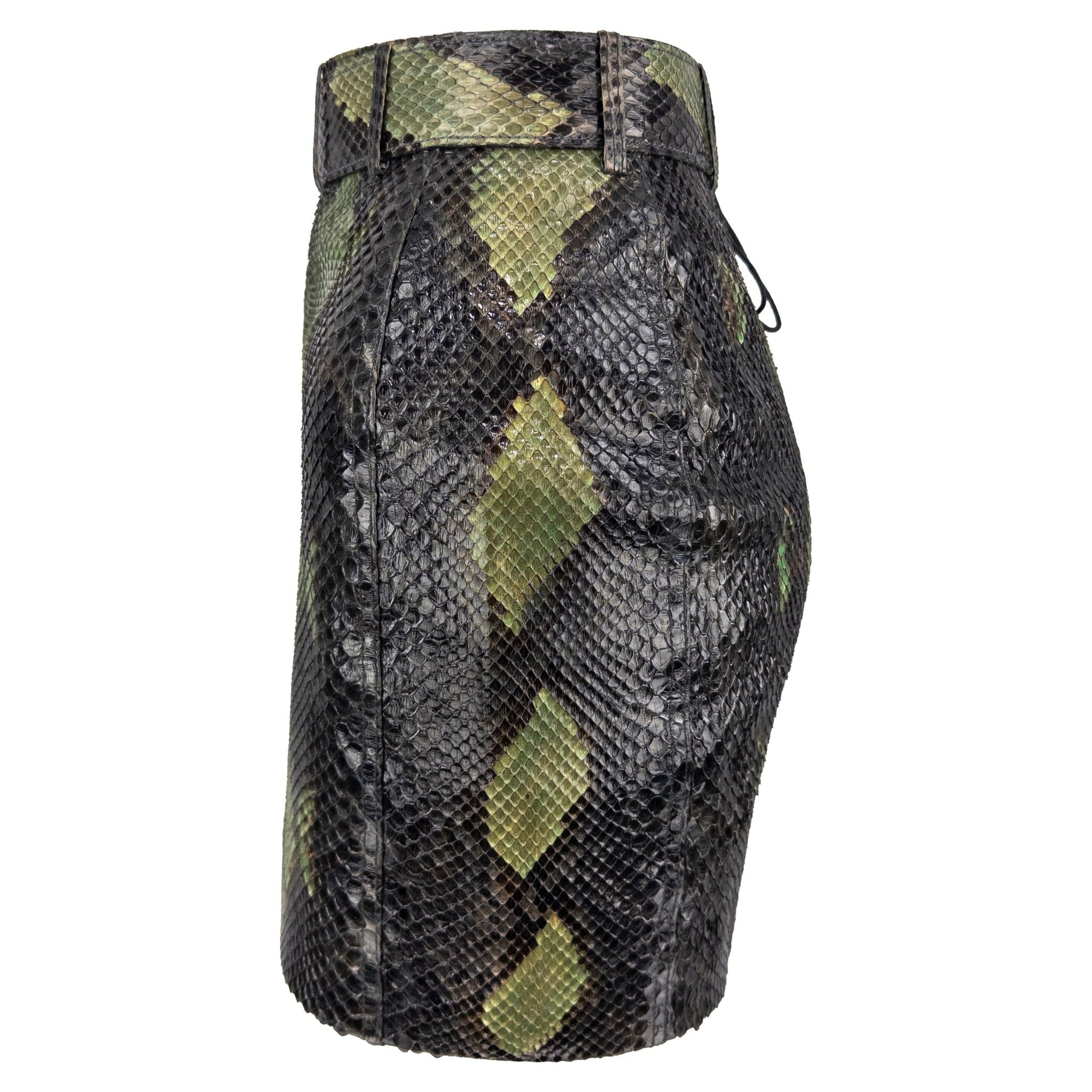 S/S 1991 Azzedine Alaïa Runway Genuine Python Leather Green Belted Mini Skirt - RealList