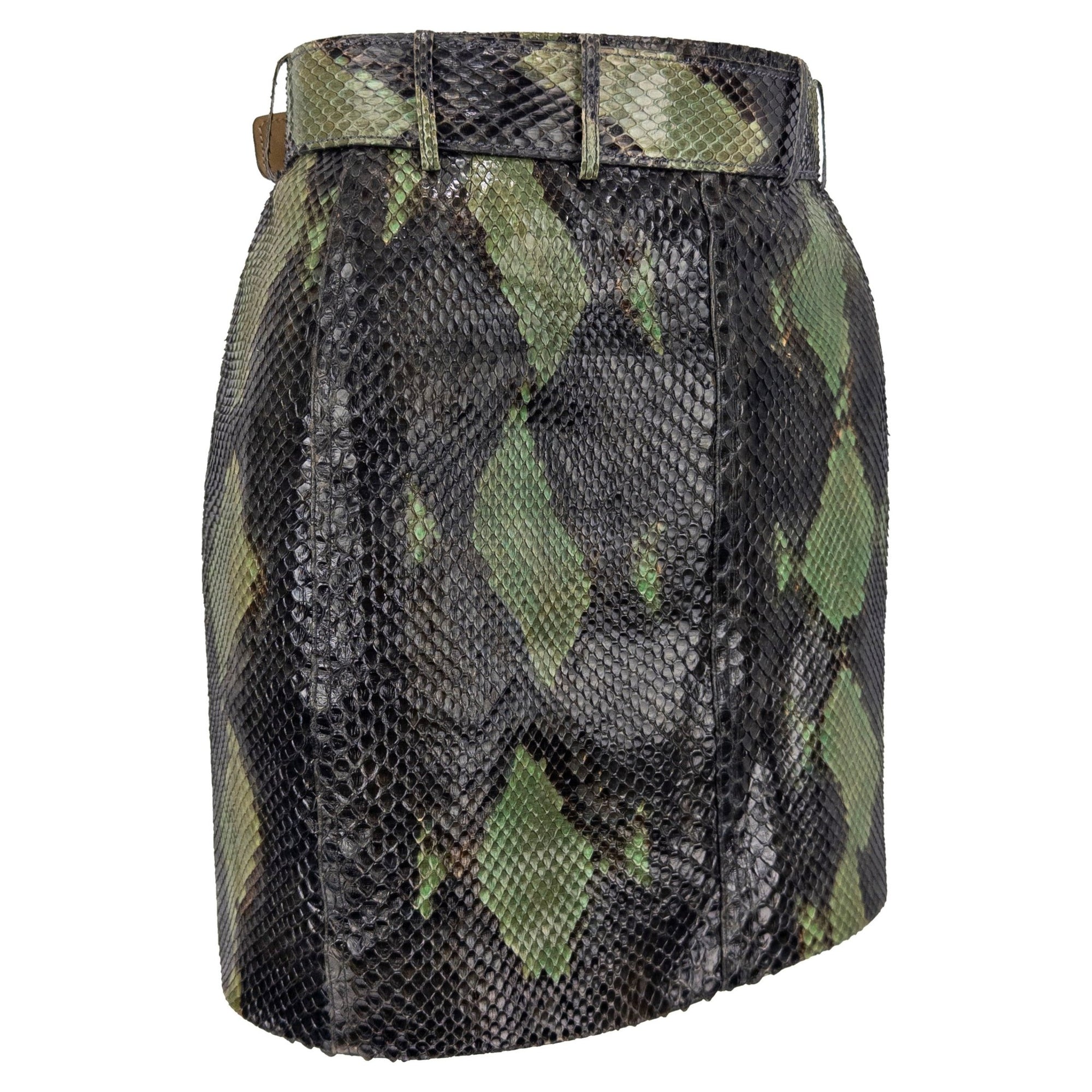 S/S 1991 Azzedine Alaïa Runway Genuine Python Leather Green Belted Mini Skirt - RealList
