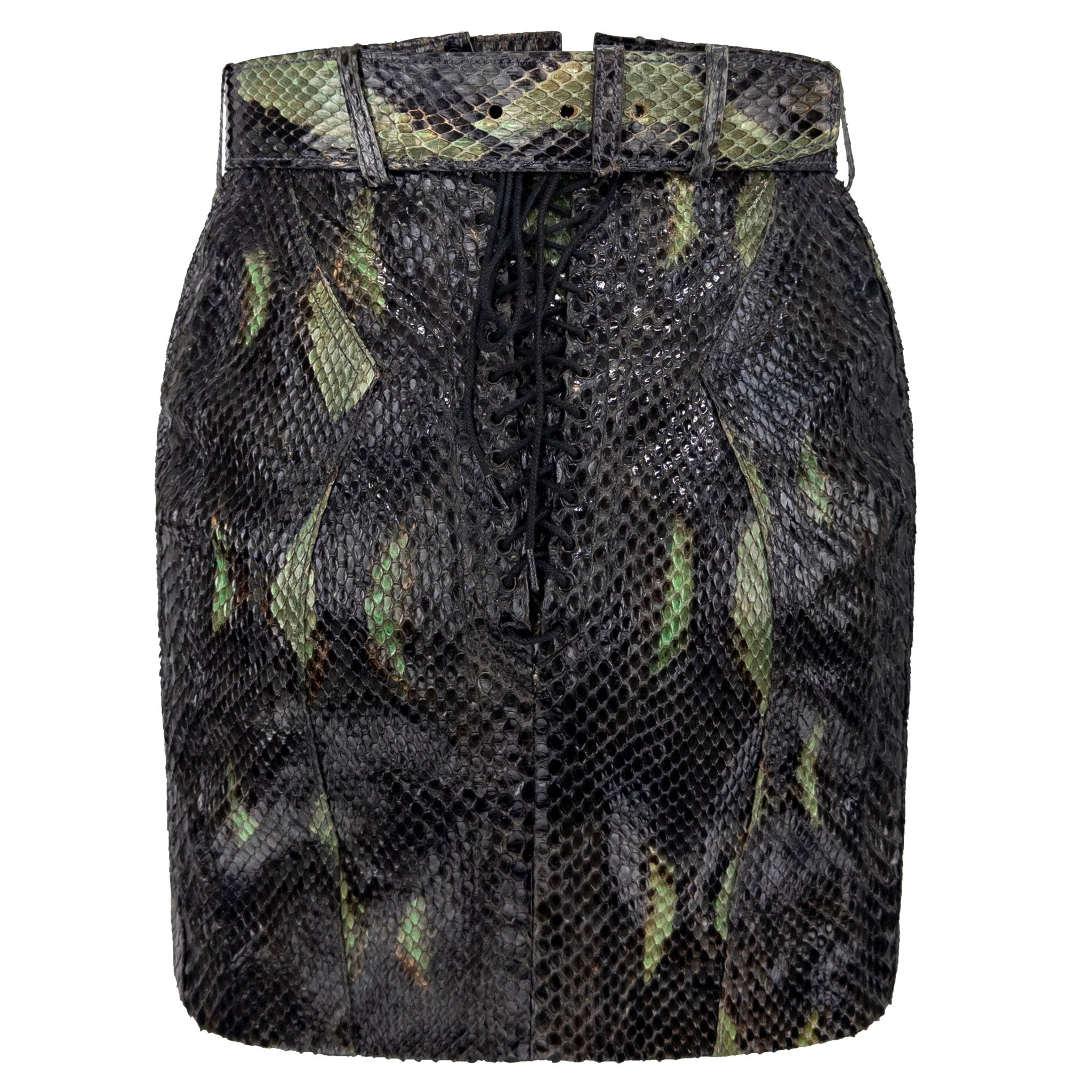 S/S 1991 Azzedine Alaïa Runway Genuine Python Leather Green Belted Mini Skirt - RealList