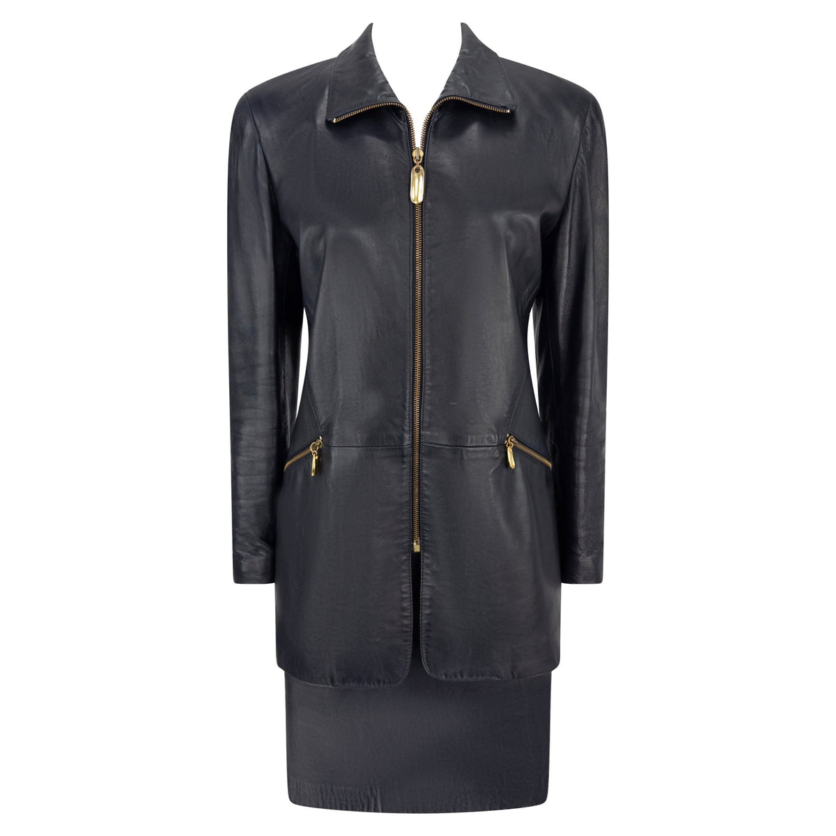 S/S 1991 Donna Karan Dark Navy Leather Sculpted Gold Zip Jacket Skirt Set - RealList