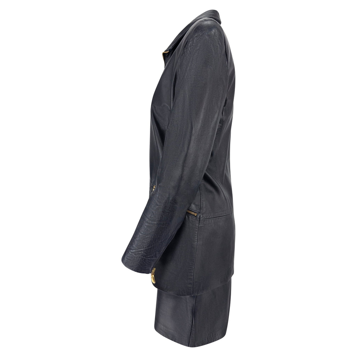 S/S 1991 Donna Karan Dark Navy Leather Sculpted Gold Zip Jacket Skirt Set - RealList