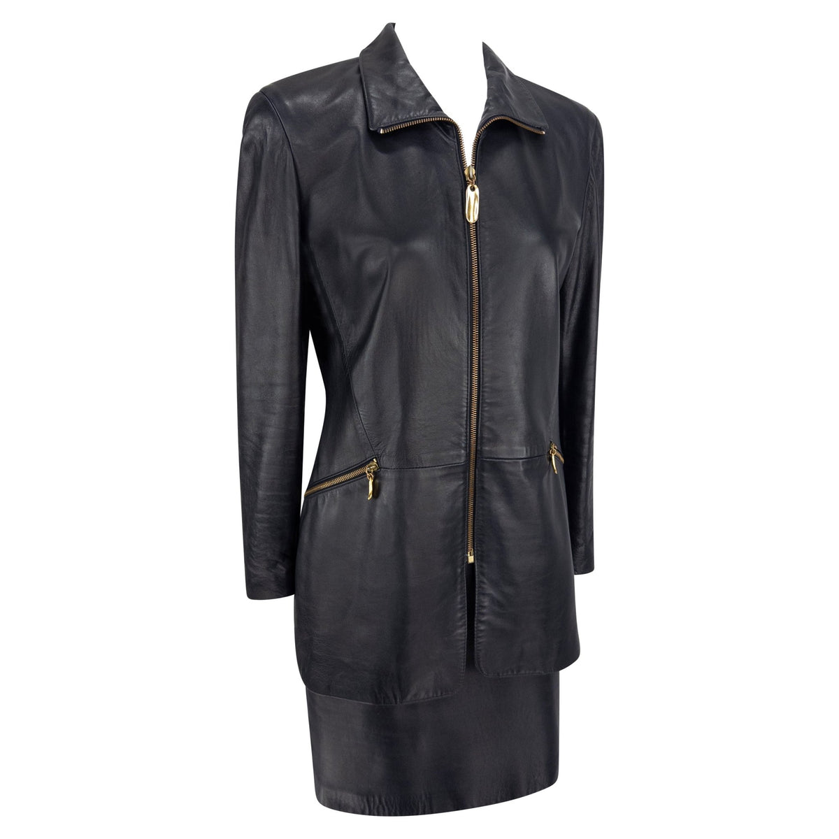 S/S 1991 Donna Karan Dark Navy Leather Sculpted Gold Zip Jacket Skirt Set - RealList