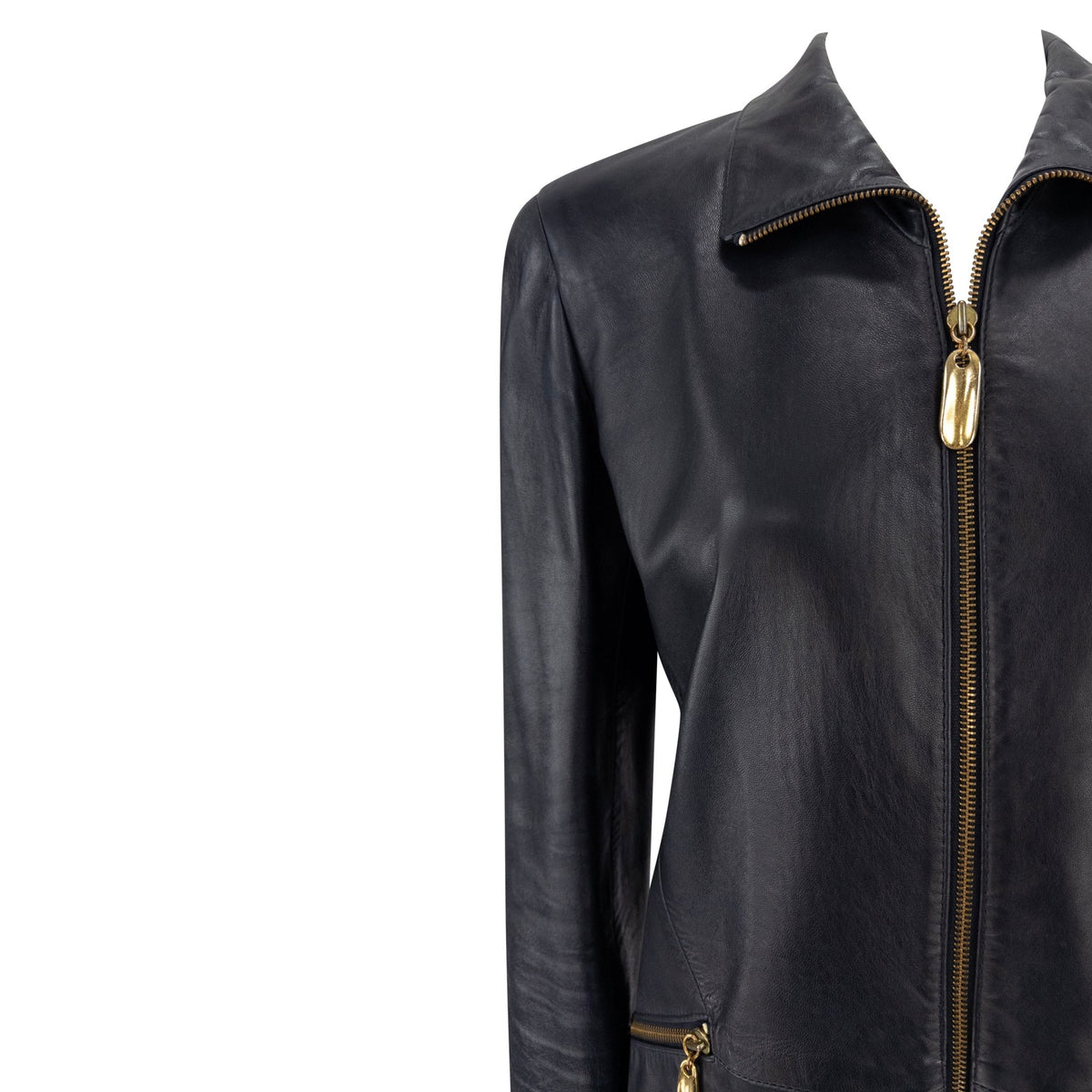S/S 1991 Donna Karan Dark Navy Leather Sculpted Gold Zip Jacket Skirt Set - RealList