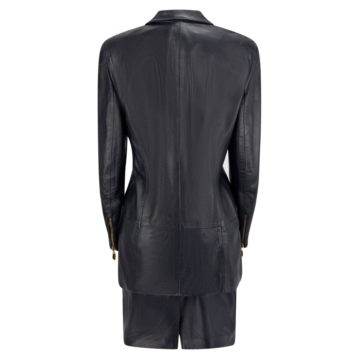 S/S 1991 Donna Karan Dark Navy Leather Sculpted Gold Zip Jacket Skirt Set - RealList