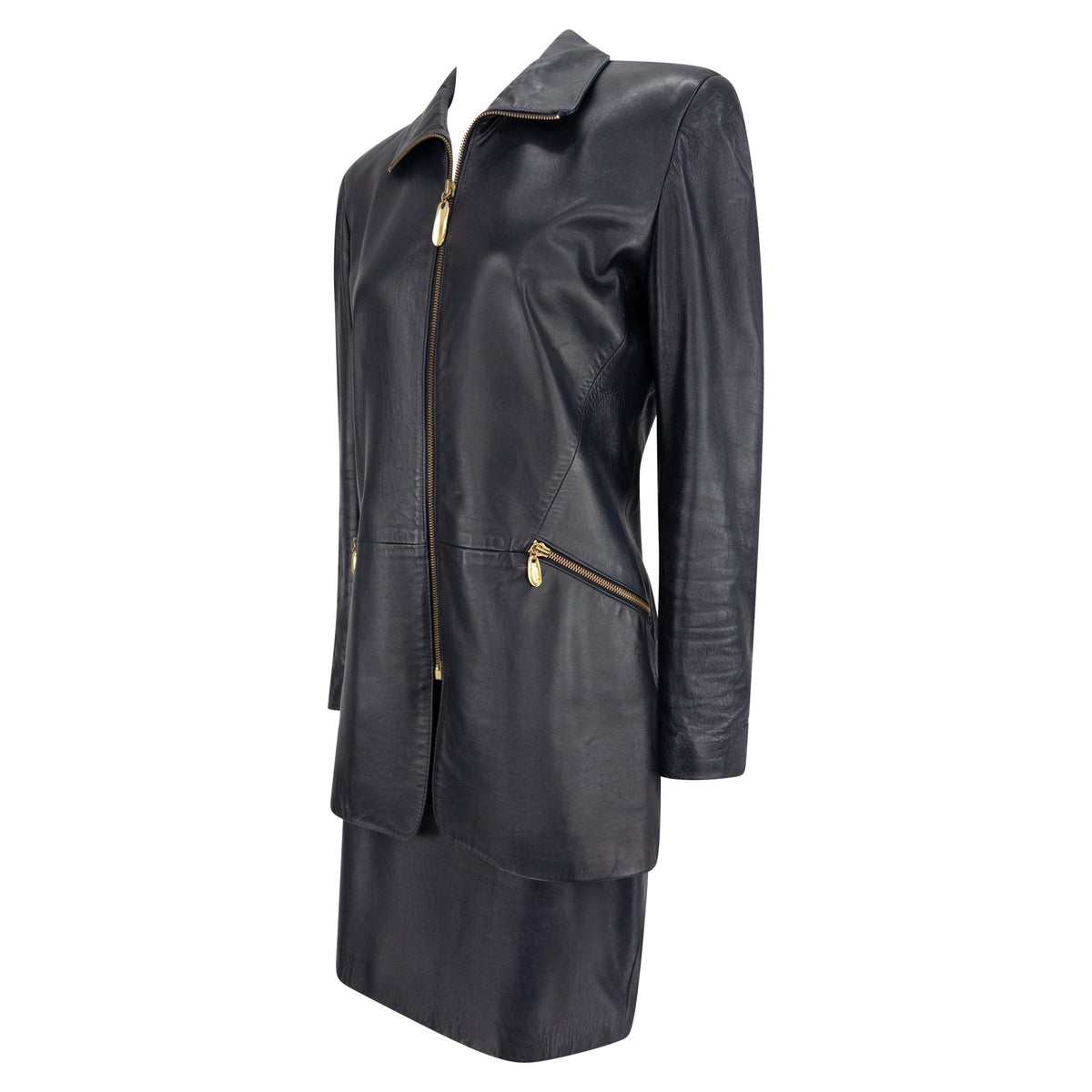 S/S 1991 Donna Karan Dark Navy Leather Sculpted Gold Zip Jacket Skirt Set - RealList