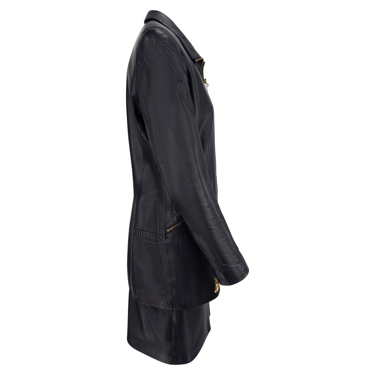 S/S 1991 Donna Karan Dark Navy Leather Sculpted Gold Zip Jacket Skirt Set - RealList