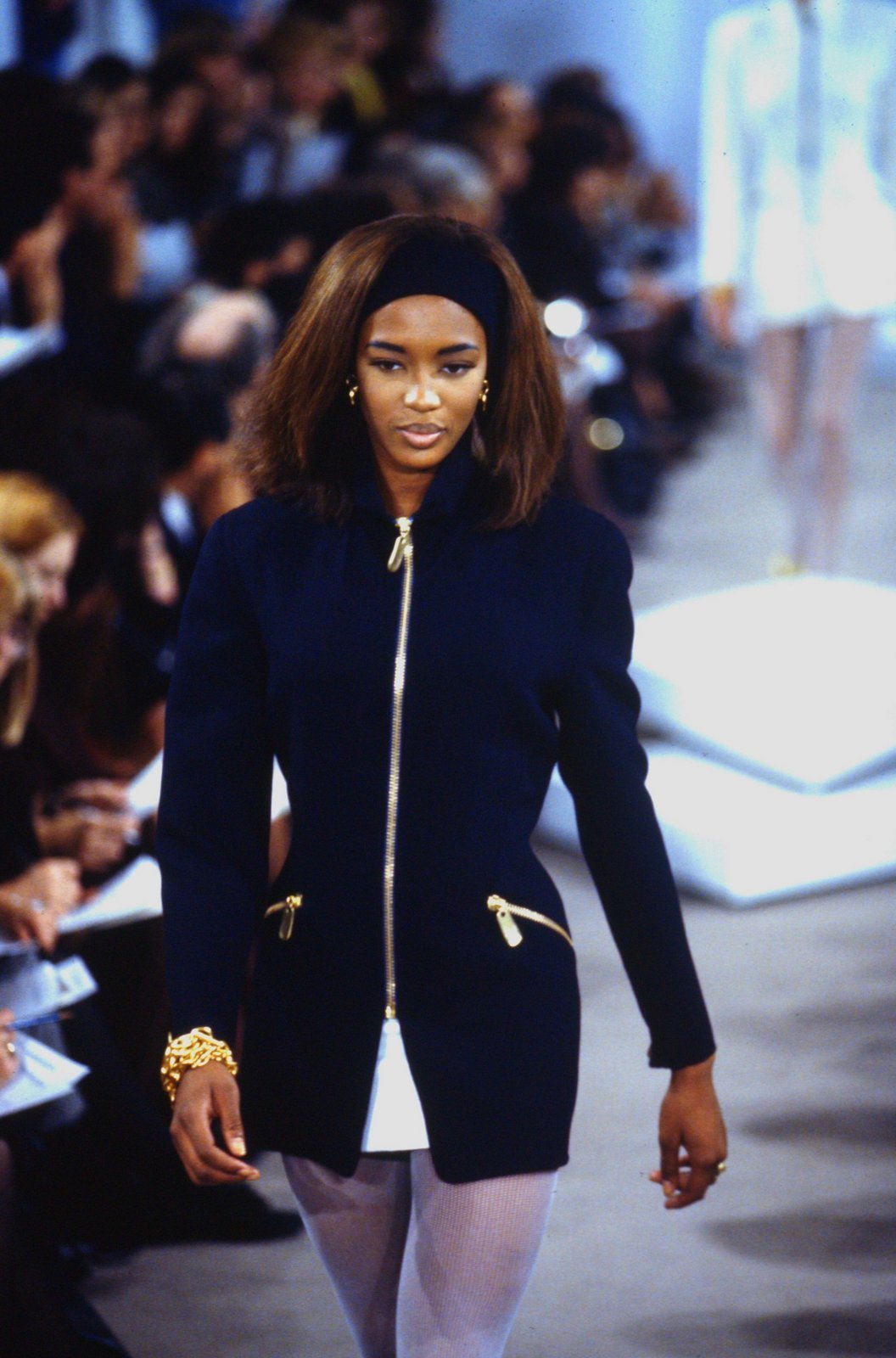 S/S 1991 Donna Karan Dark Navy Leather Sculpted Gold Zip Jacket Skirt Set - RealList