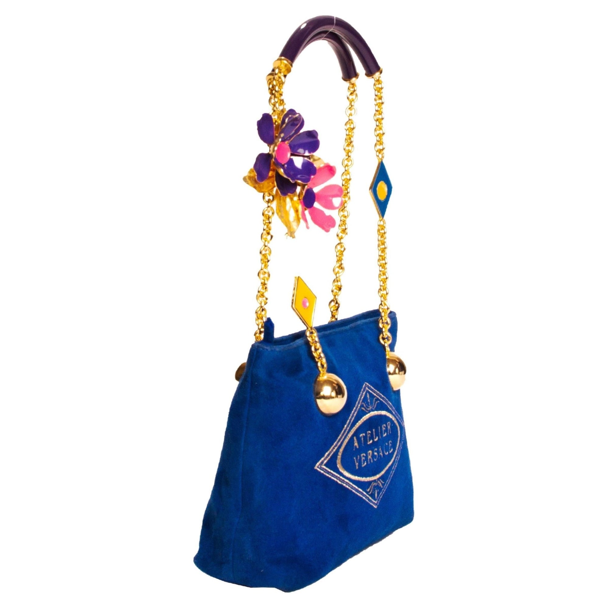 S/S 1991 Gianni Versace Blue Velvet Bag with Enamel Flower Chain Atelier Versace - RealList