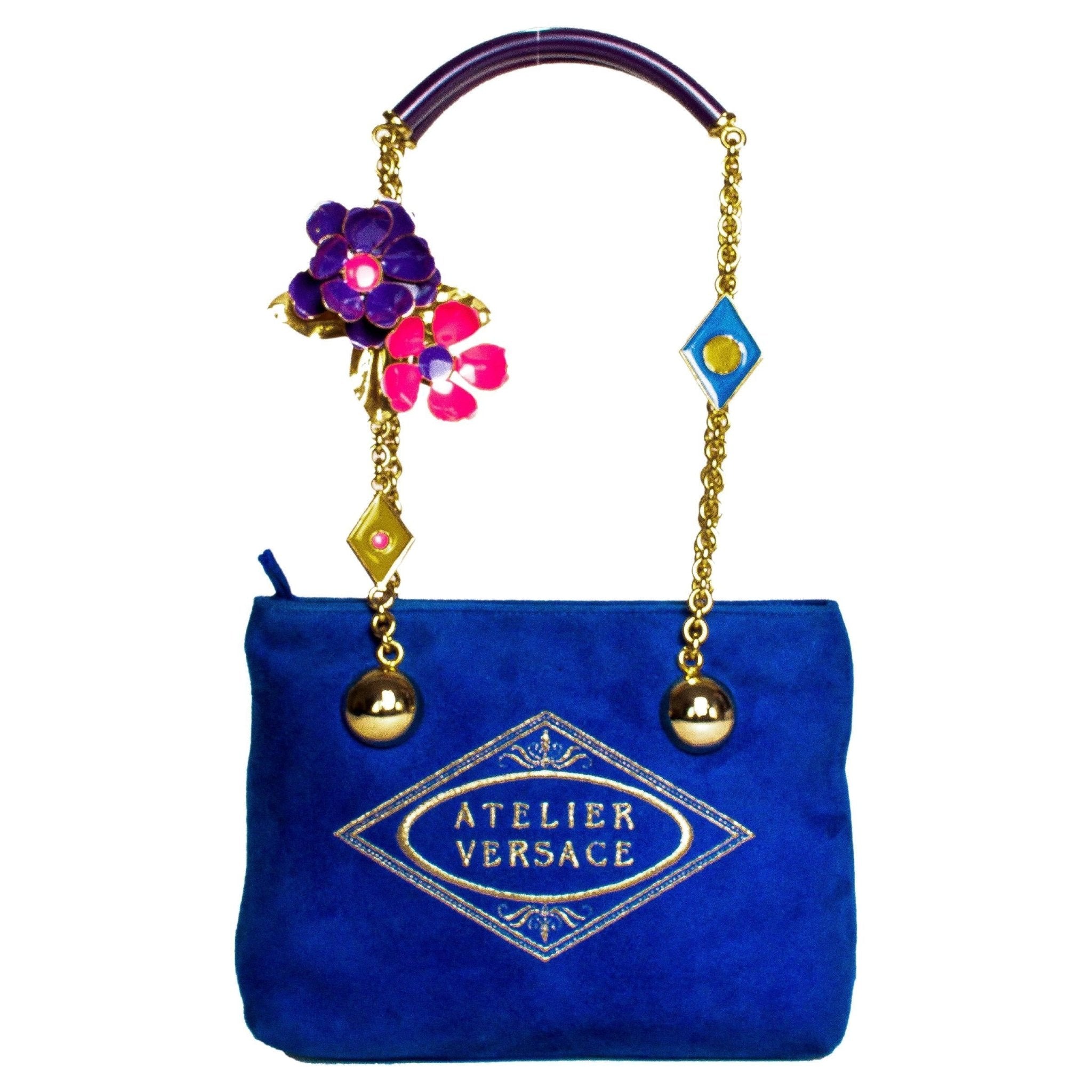 S/S 1991 Gianni Versace Blue Velvet Bag with Enamel Flower Chain Atelier Versace - RealList