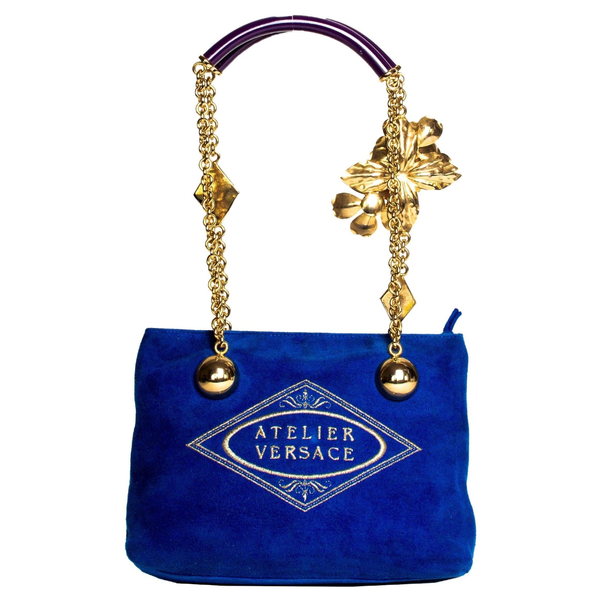 S/S 1991 Gianni Versace Blue Velvet Bag with Enamel Flower Chain Atelier Versace - RealList