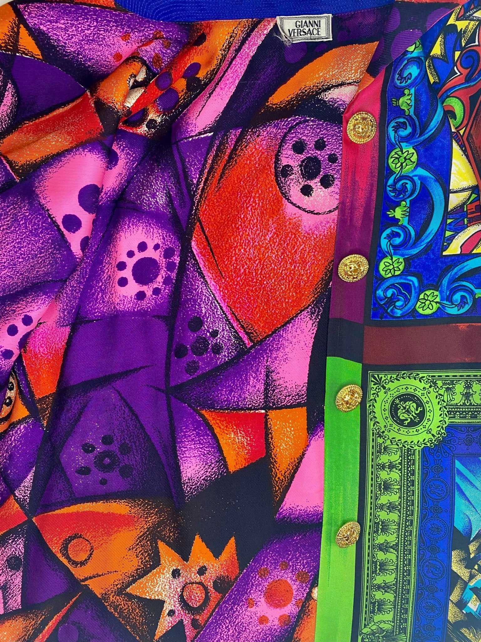 S/S 1991 Gianni Versace Runway Silk Pop Art Print Multicolor Tunic Button Up Top - RealList