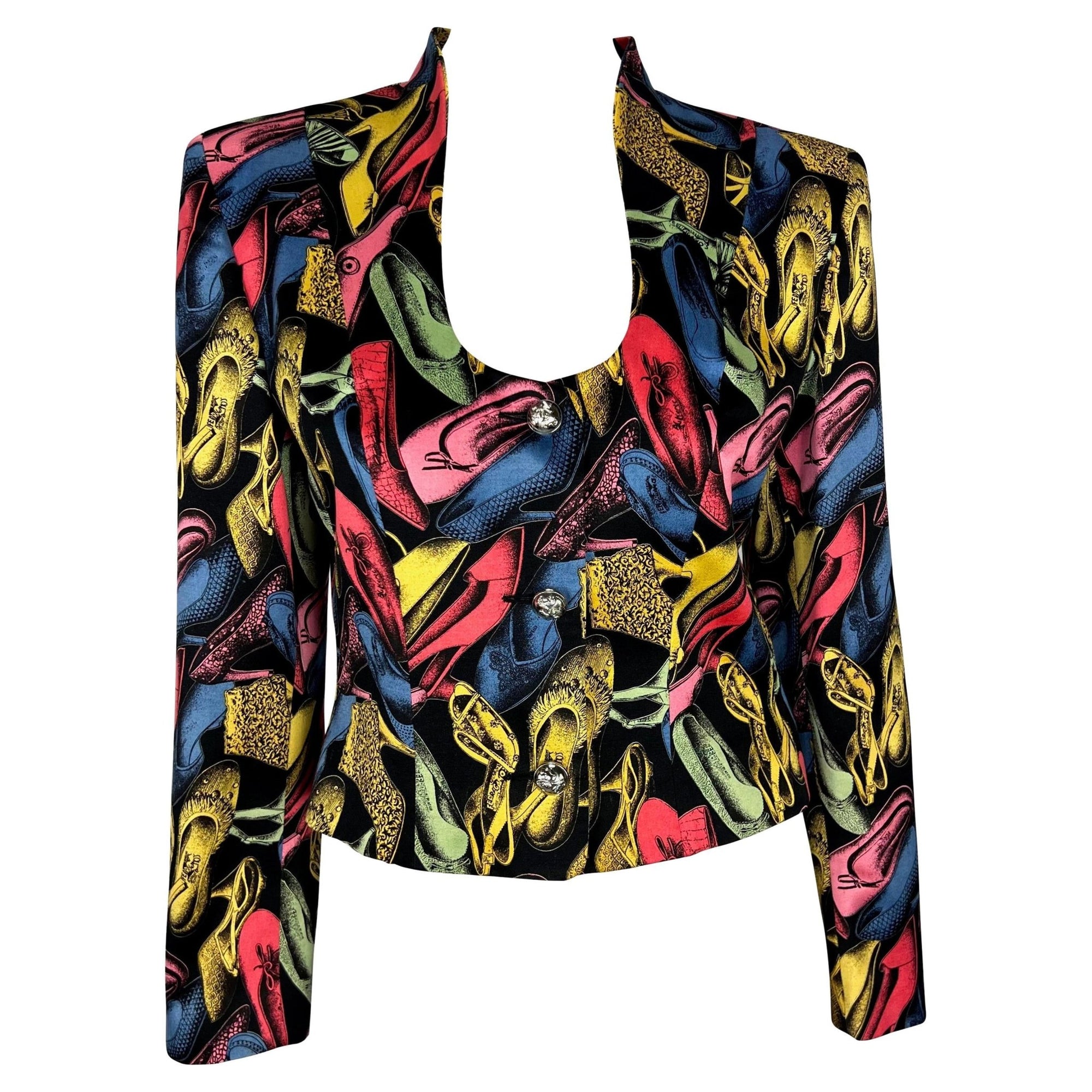 S/S 1991 Salvatore Ferragamo Shoe Print Black Multicolor Satin Blazer Jacket - RealList