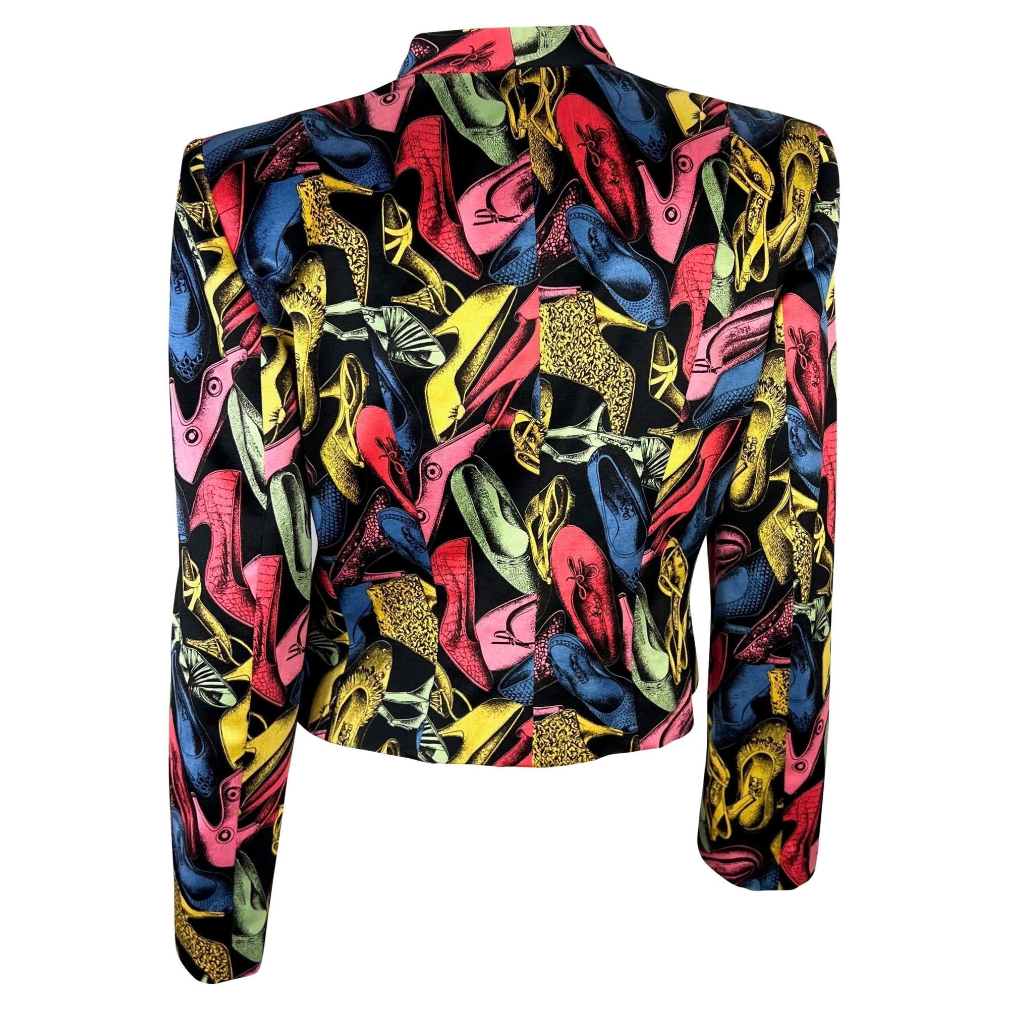 S/S 1991 Salvatore Ferragamo Shoe Print Black Multicolor Satin Blazer Jacket - RealList